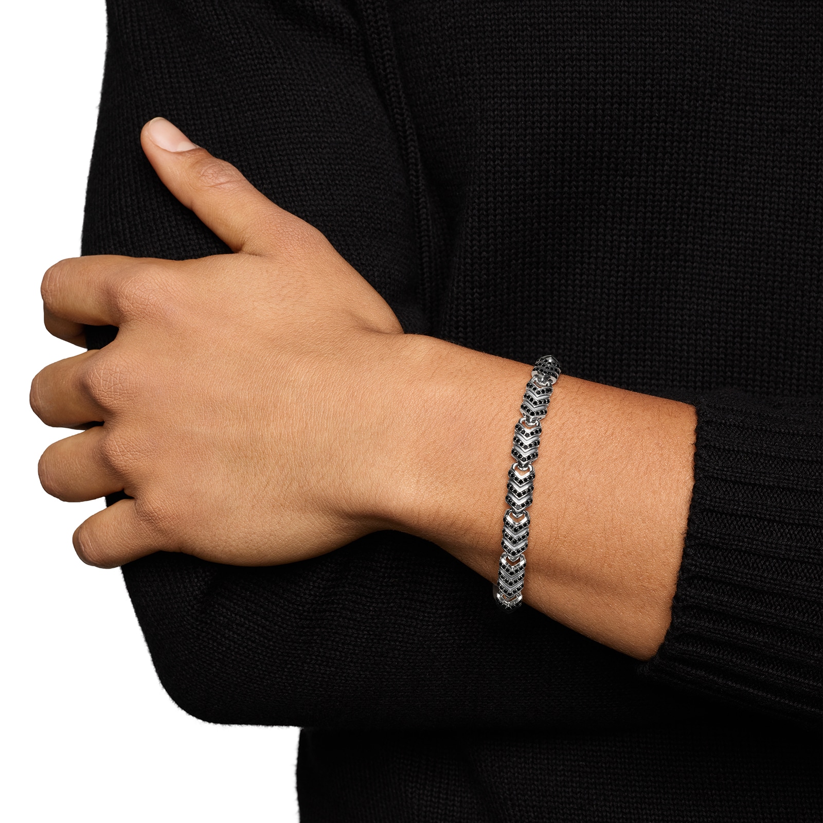 David Yurman Chevron Link Bracelet In Sterling Silver With Black Diamonds, 7.6mm
