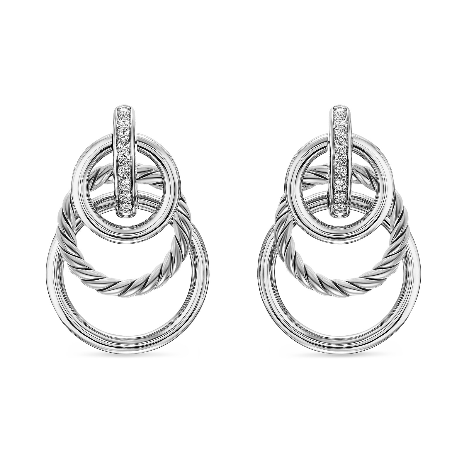 David Yurman DY Mercer® Triple Ring Drop Earrings In Sterling Silver With Diamonds, 35.6mm