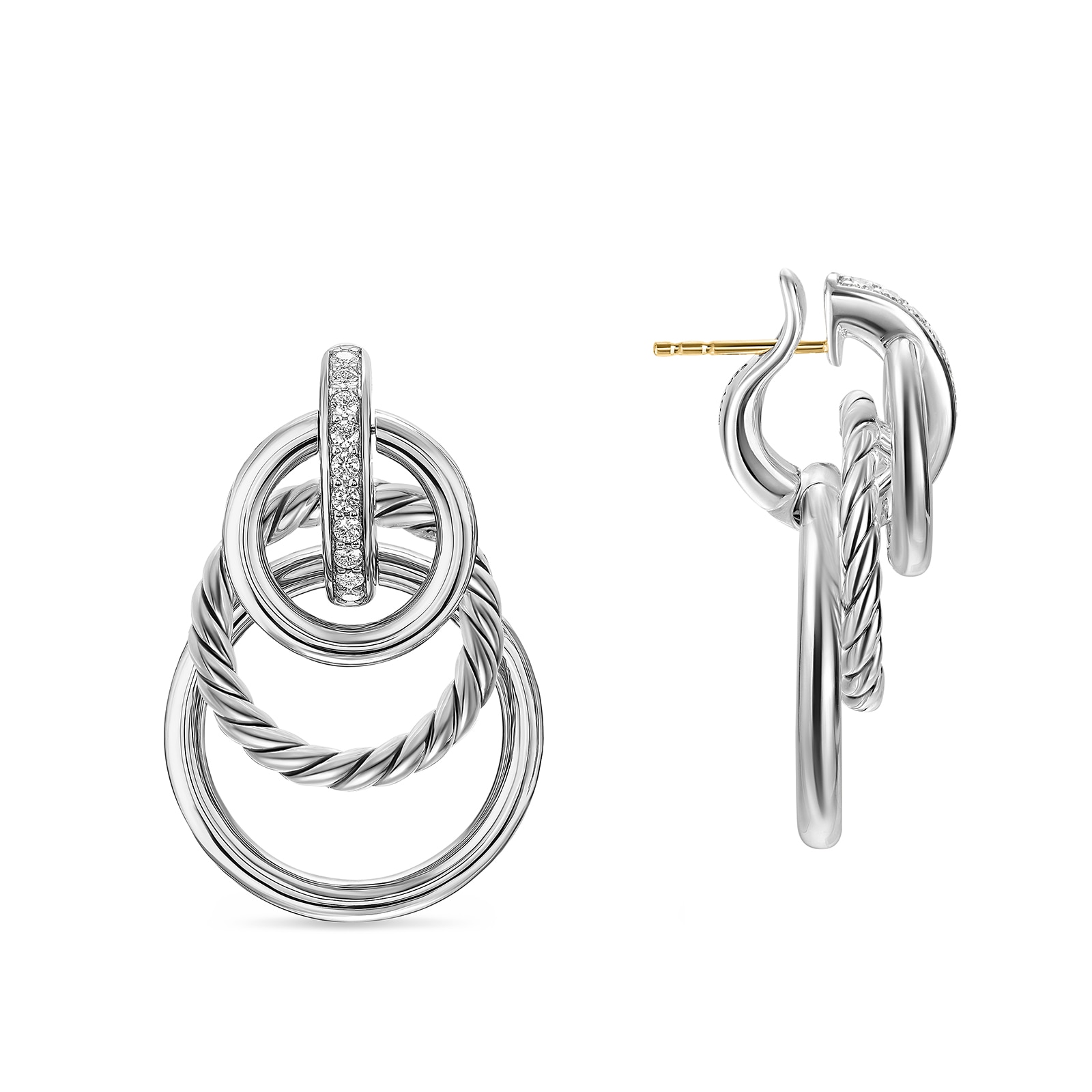 David Yurman DY Mercer® Triple Ring Drop Earrings In Sterling Silver With Diamonds, 35.6mm