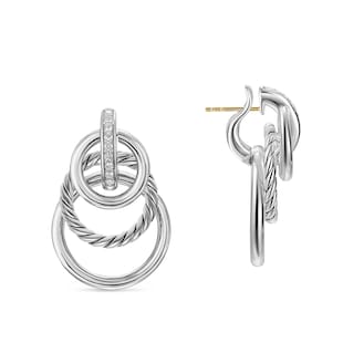 David Yurman DY Mercer® Triple Ring Drop Earrings In Sterling Silver With Diamonds, 35.6mm