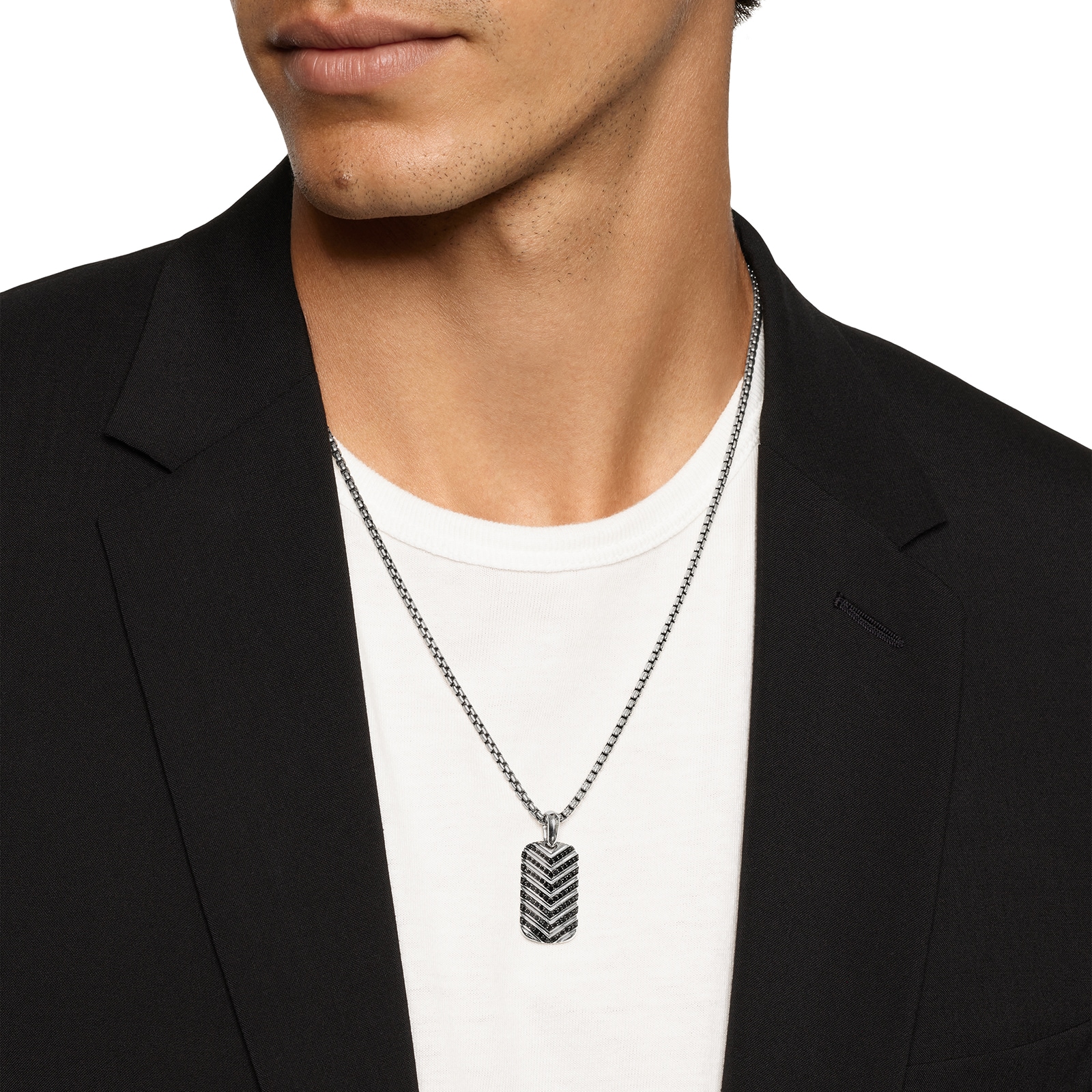 David Yurman Chevron Tag In Sterling Silver With Black Diamonds, 27mm David Yurman Chevron Tag In Sterling Silver With Black Diamonds, 27mm