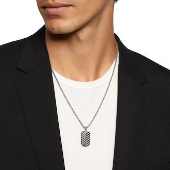 David Yurman Chevron Tag In Sterling Silver With Black Diamonds, 27mm David Yurman Chevron Tag In Sterling Silver With Black Diamonds, 27mm