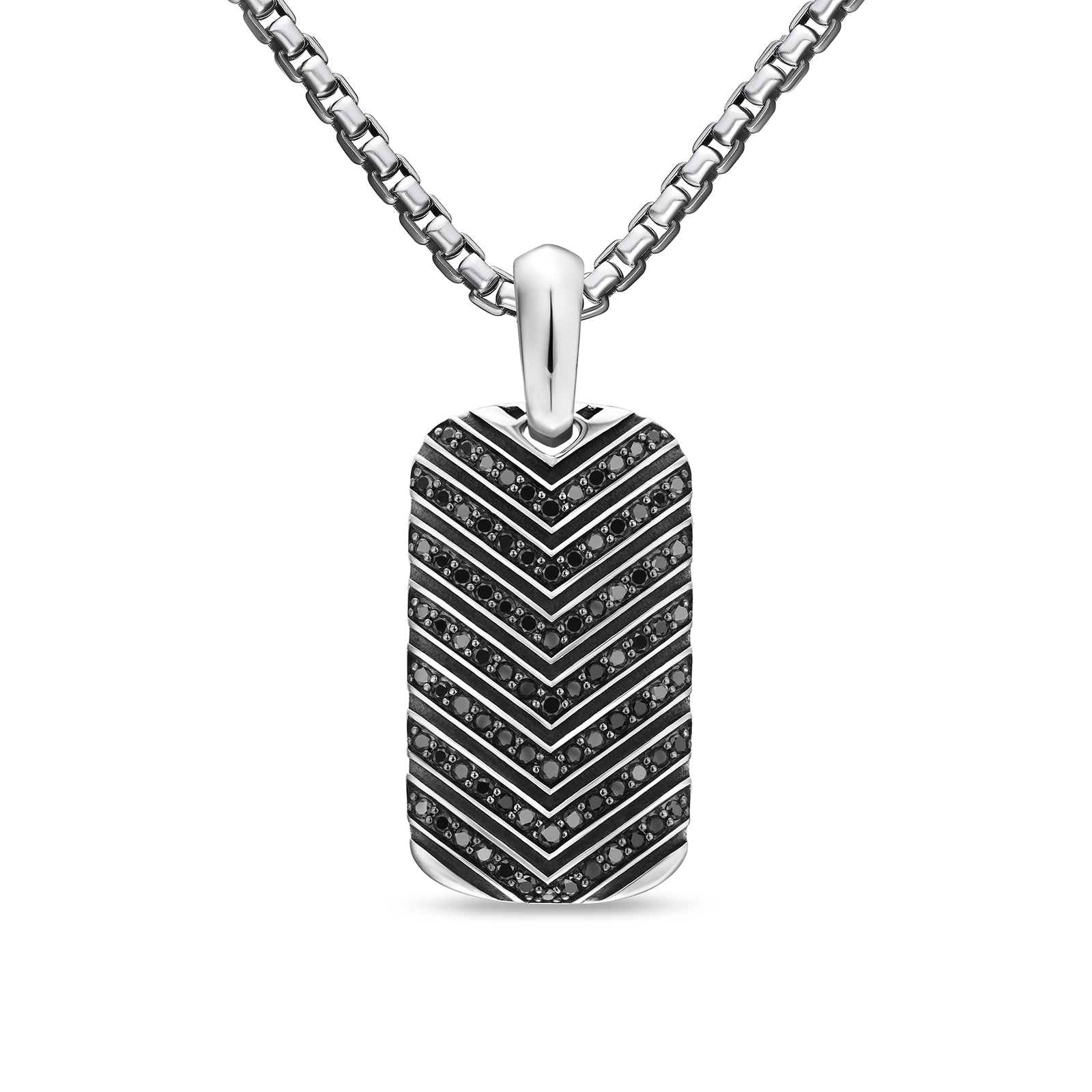 David Yurman Chevron Tag In Sterling Silver With Black Diamonds, 27mm David Yurman Chevron Tag In Sterling Silver With Black Diamonds, 27mm