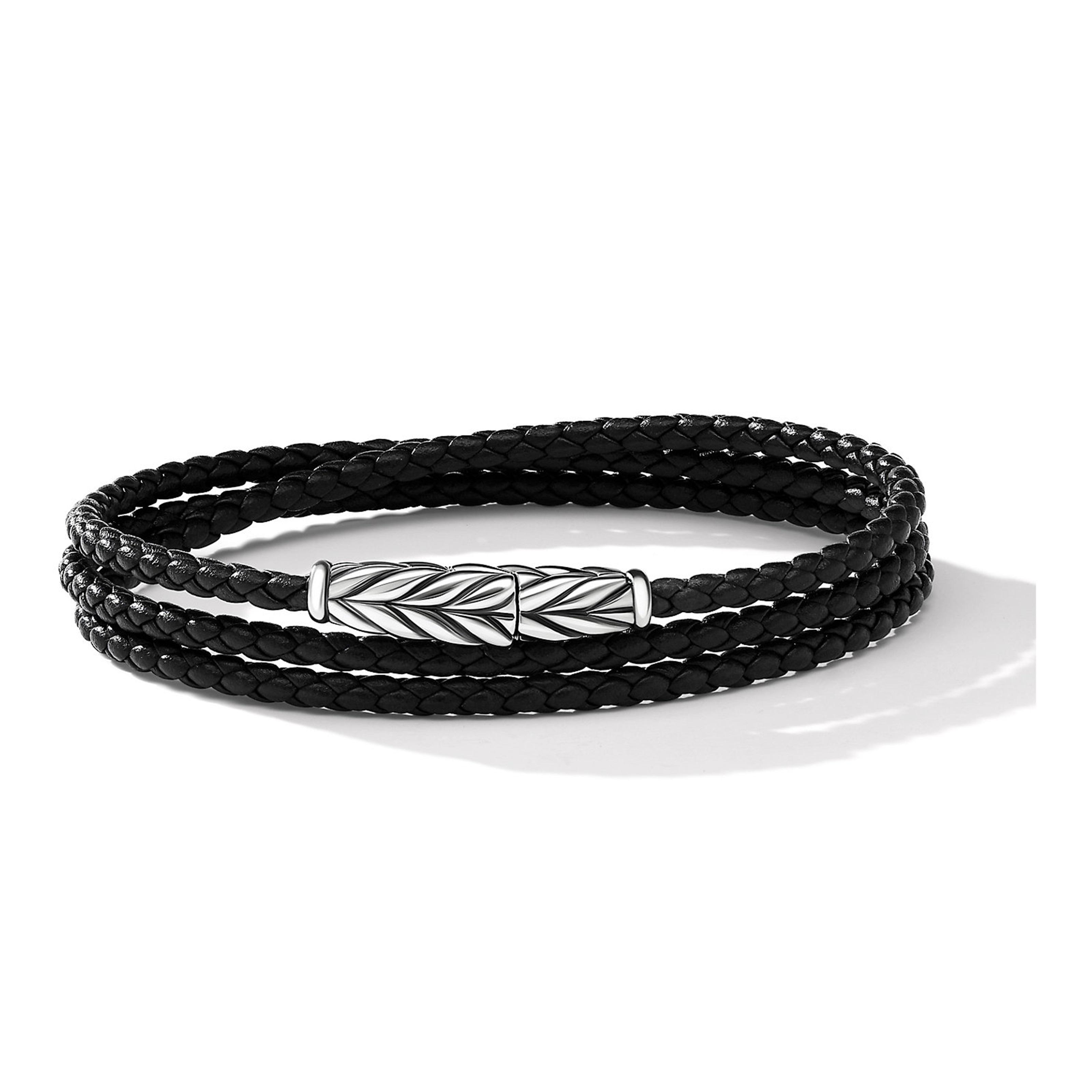 Chevron Triple Wrap Bracelet in Black Leather and Sterling Silver, 3mm - Size Large