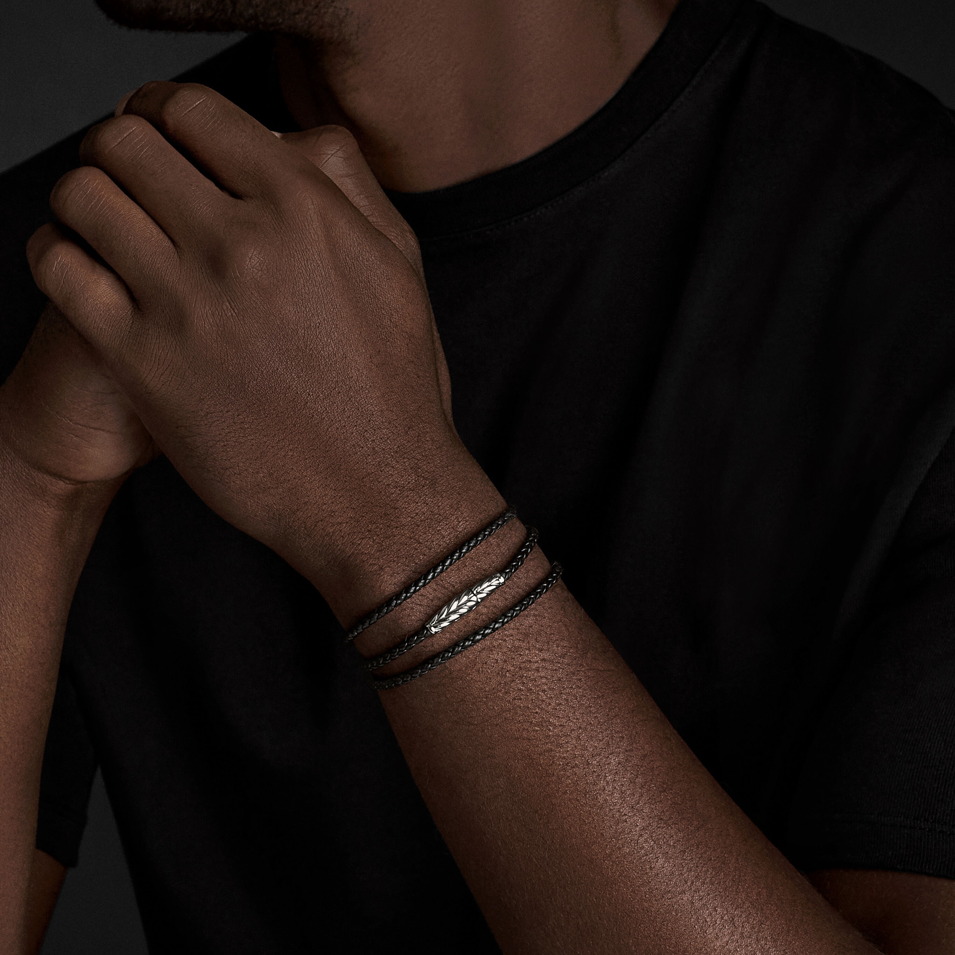 David Yurman Chevron Triple Wrap Bracelet in Black Leather and Sterling Silver, 3mm - Size Medium