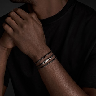 David Yurman Chevron Triple Wrap Bracelet in Black Leather and Sterling Silver, 3mm