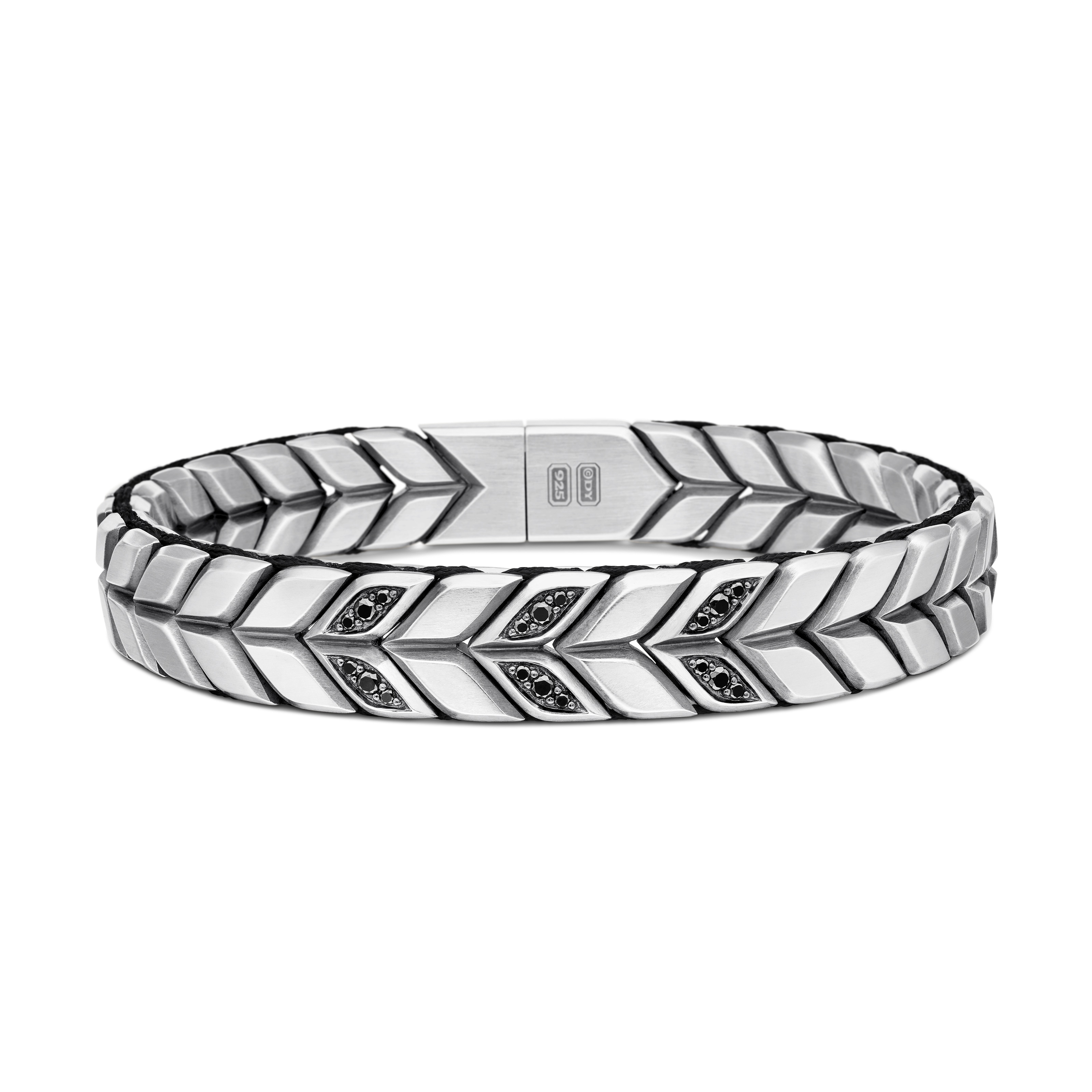 Chevron Woven Bracelet in Sterling Silver with Black Diamonds and Black Nylon, 12mm - Size Medium