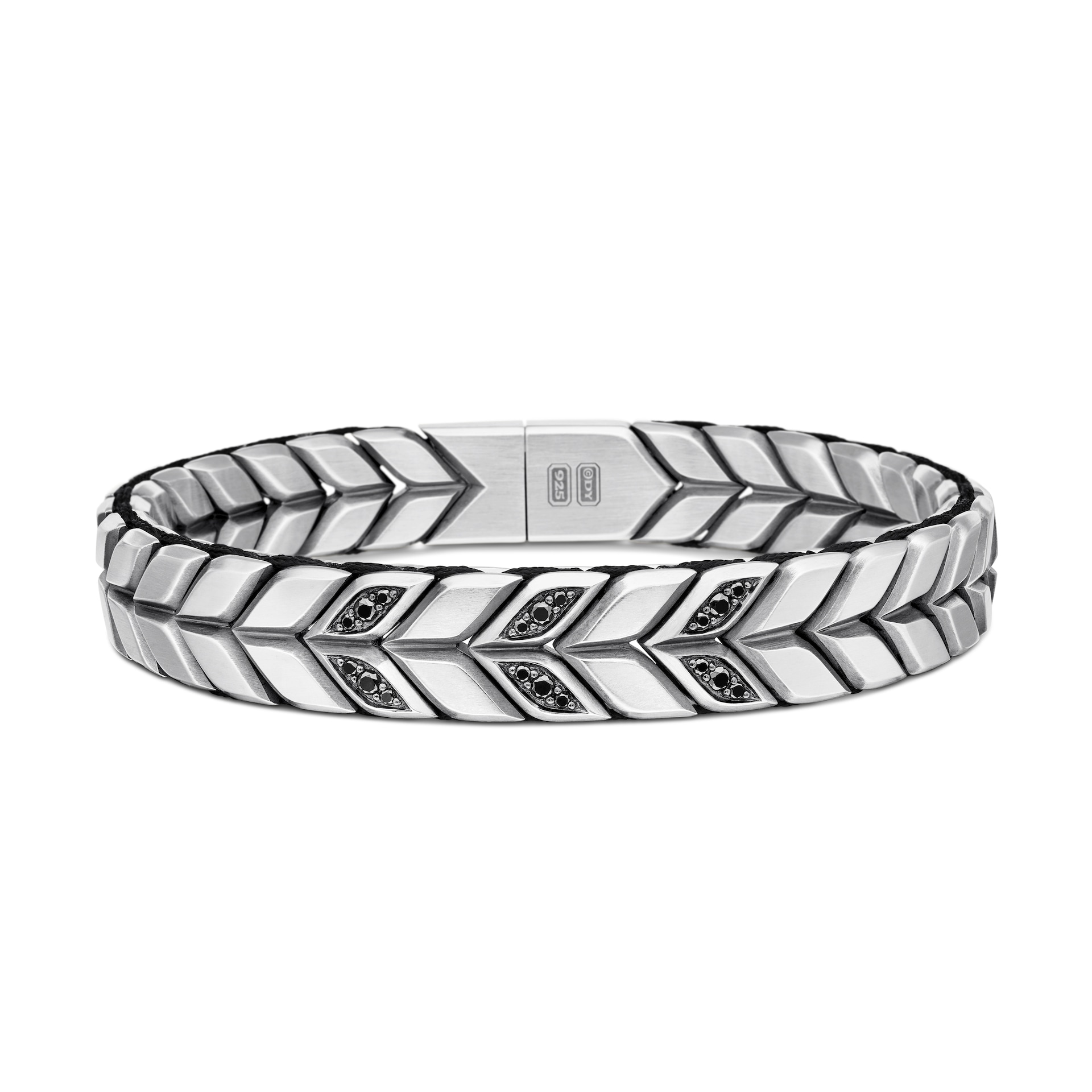 David Yurman Chevron Woven Bracelet in Sterling Silver with Black Diamonds and Black Nylon, 12mm