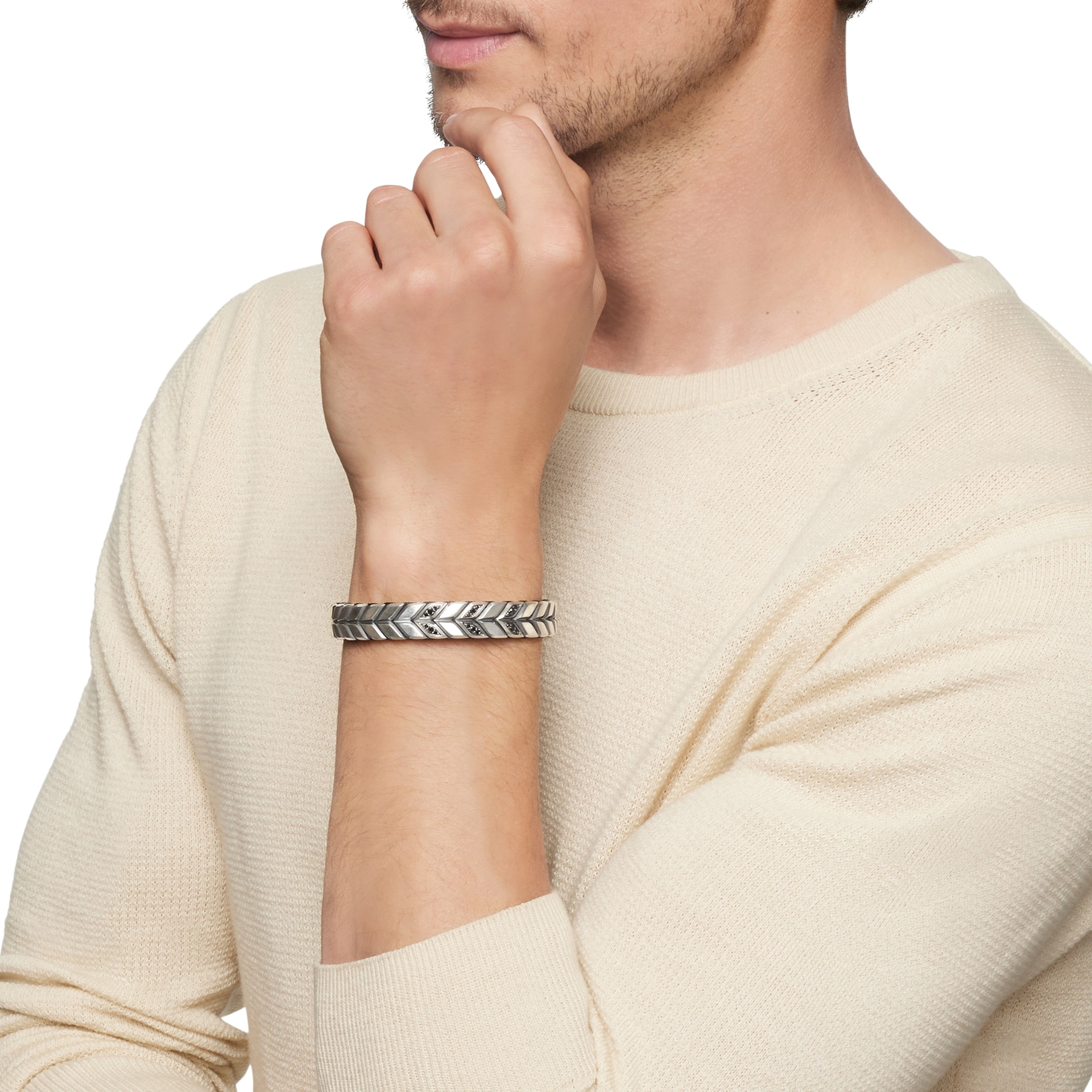 David Yurman Chevron Woven Bracelet in Sterling Silver with Black Diamonds and Black Nylon, 12mm David Yurman Chevron Woven Bracelet in Sterling Silver with Black Diamonds and Black Nylon, 12mm