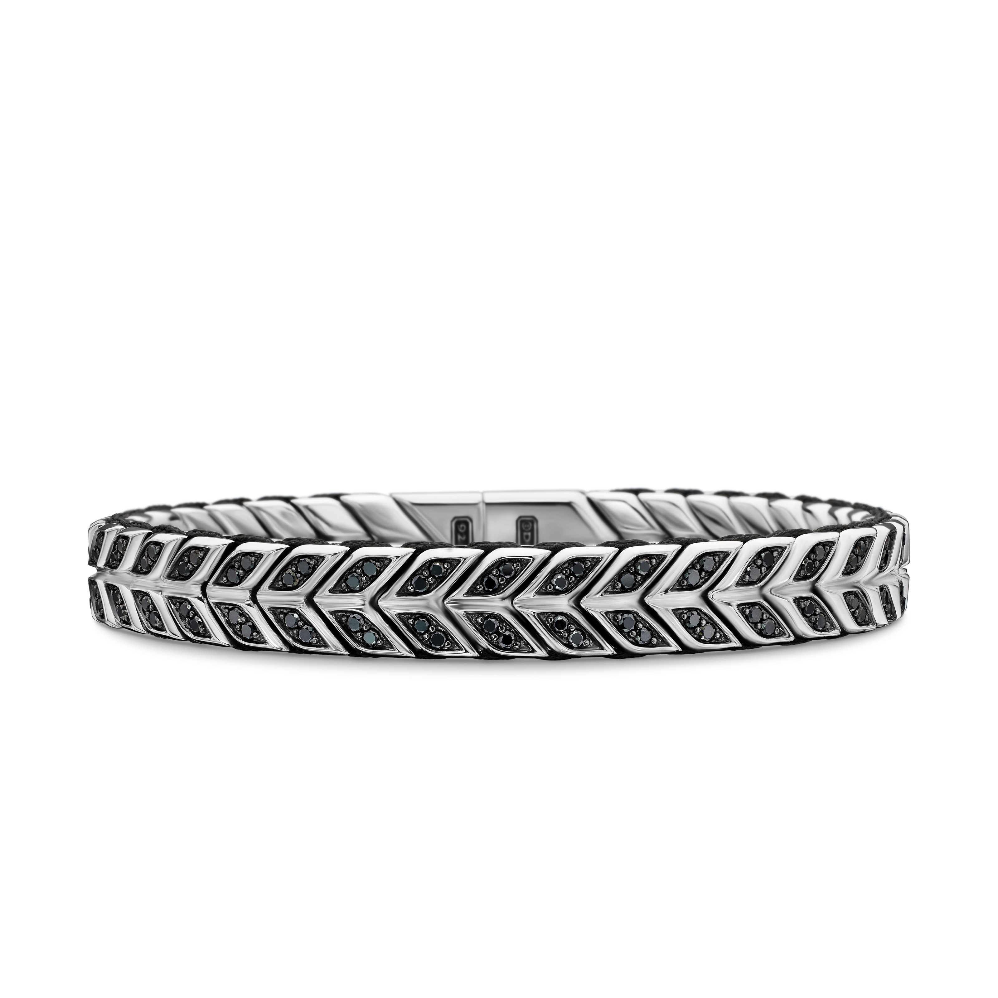 Chevron Woven Bracelet in Sterling Silver with Black Diamonds and Black Nylon, 9mm - Size Medium