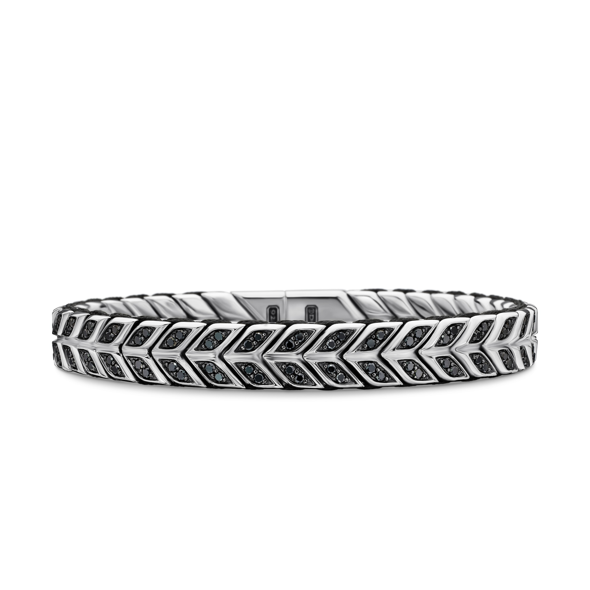 David Yurman Chevron Woven Bracelet in Sterling Silver with Black Diamonds and Black Nylon, 9mm