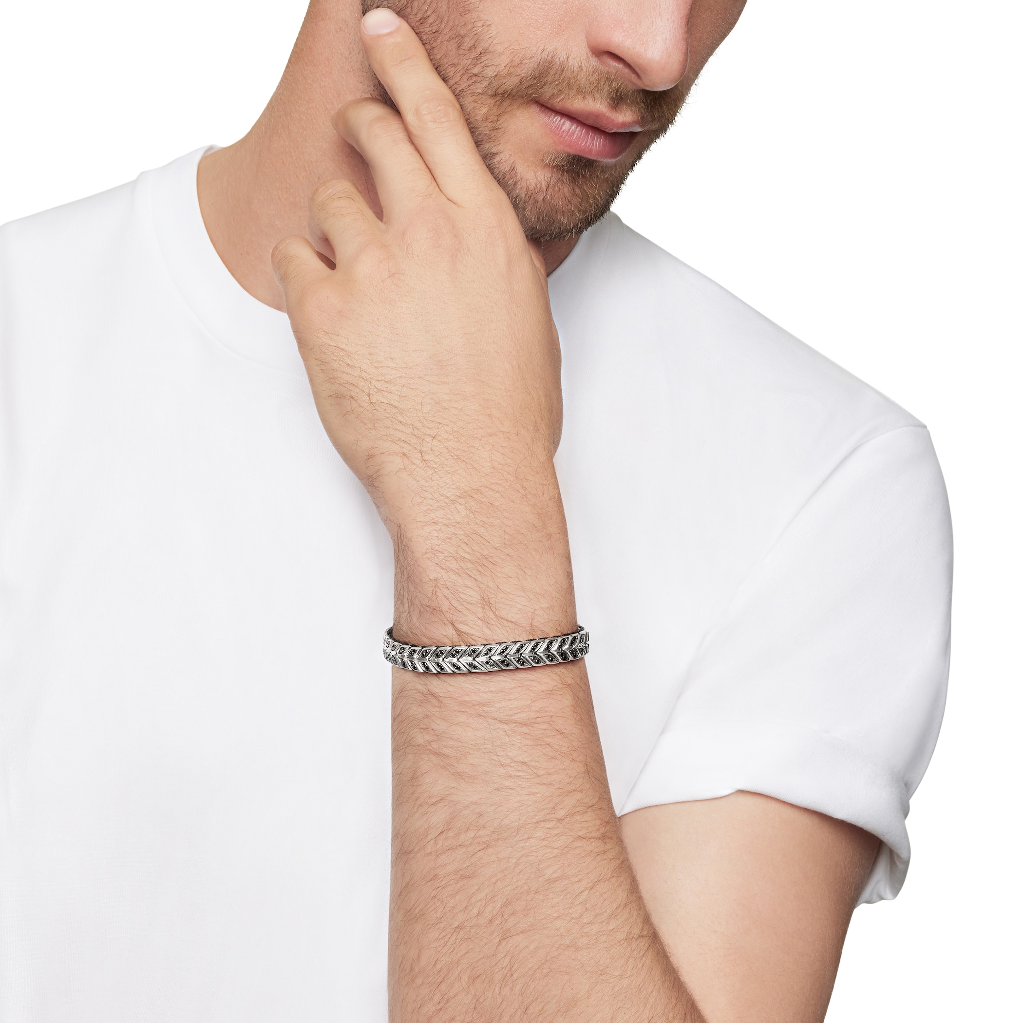 David Yurman Chevron Woven Bracelet in Sterling Silver with Black Diamonds and Black Nylon, 9mm David Yurman Chevron Woven Bracelet in Sterling Silver with Black Diamonds and Black Nylon, 9mm