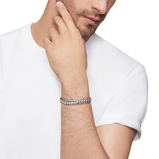 David Yurman Chevron Woven Bracelet in Sterling Silver with Black Diamonds and Black Nylon, 9mm
