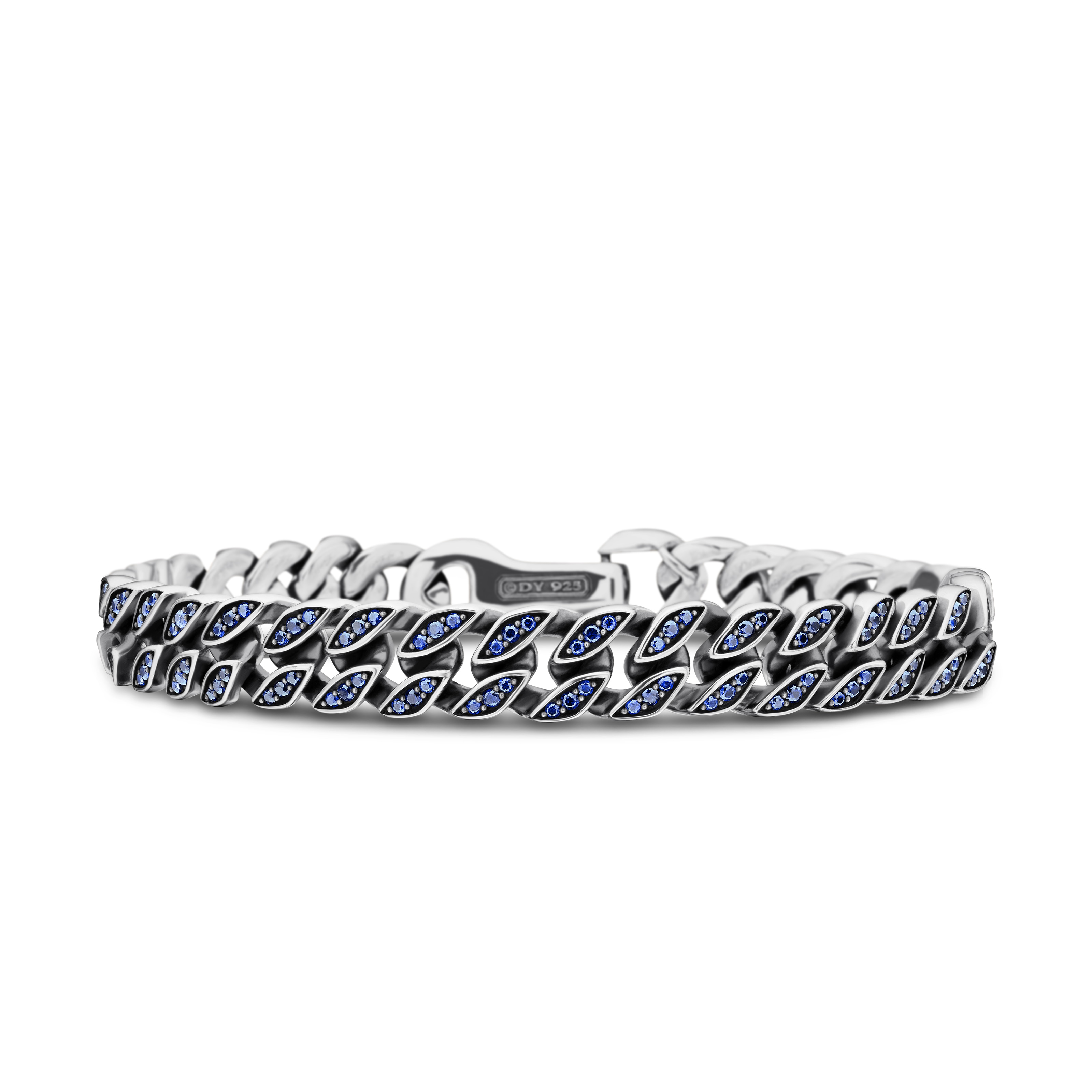 Curb Chain Bracelet in Sterling Silver with Sapphires, 8mm - Size Medium