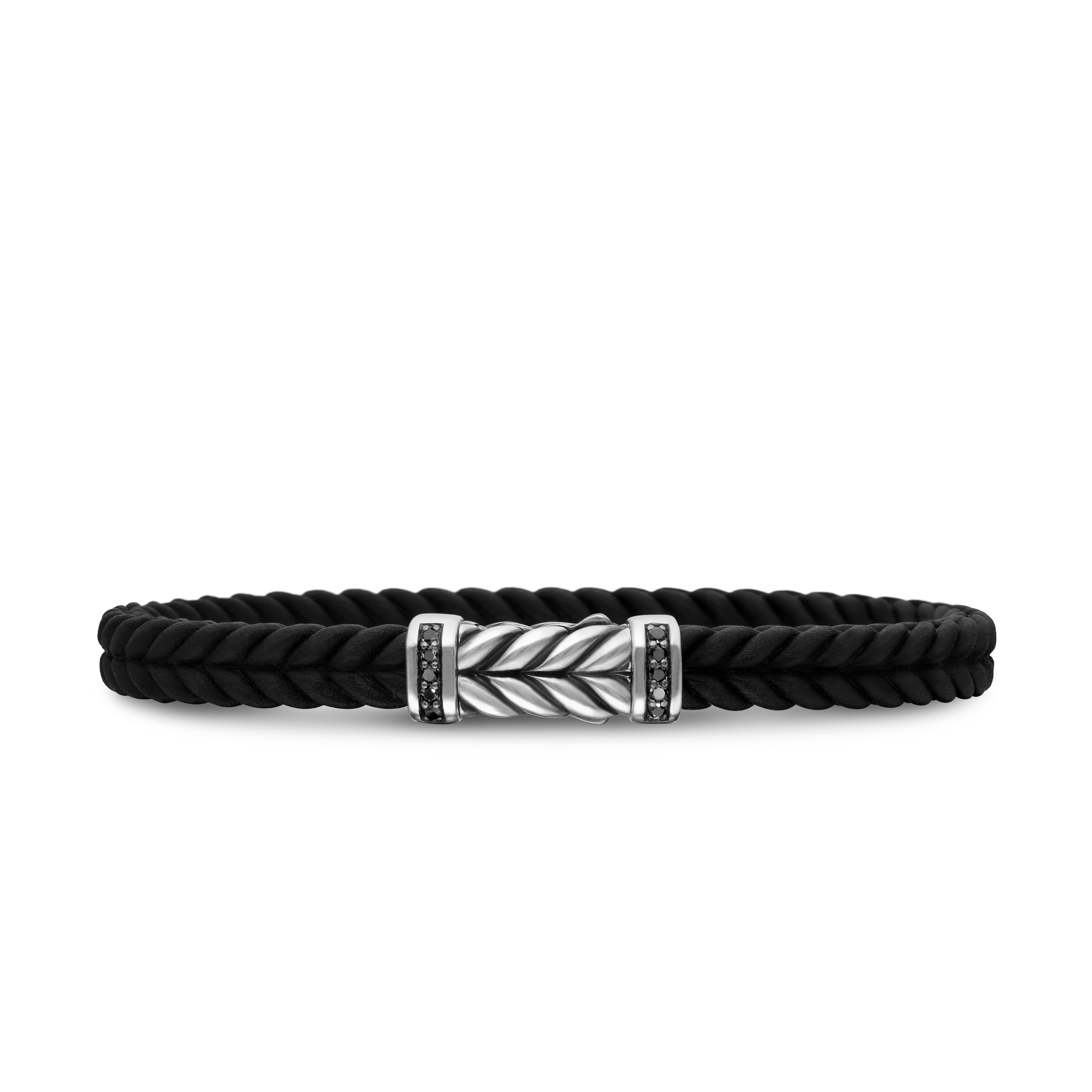 Chevron Bracelet In Black Rubber with Black Diamonds and Sterling Silver, 6mm - Size Medium