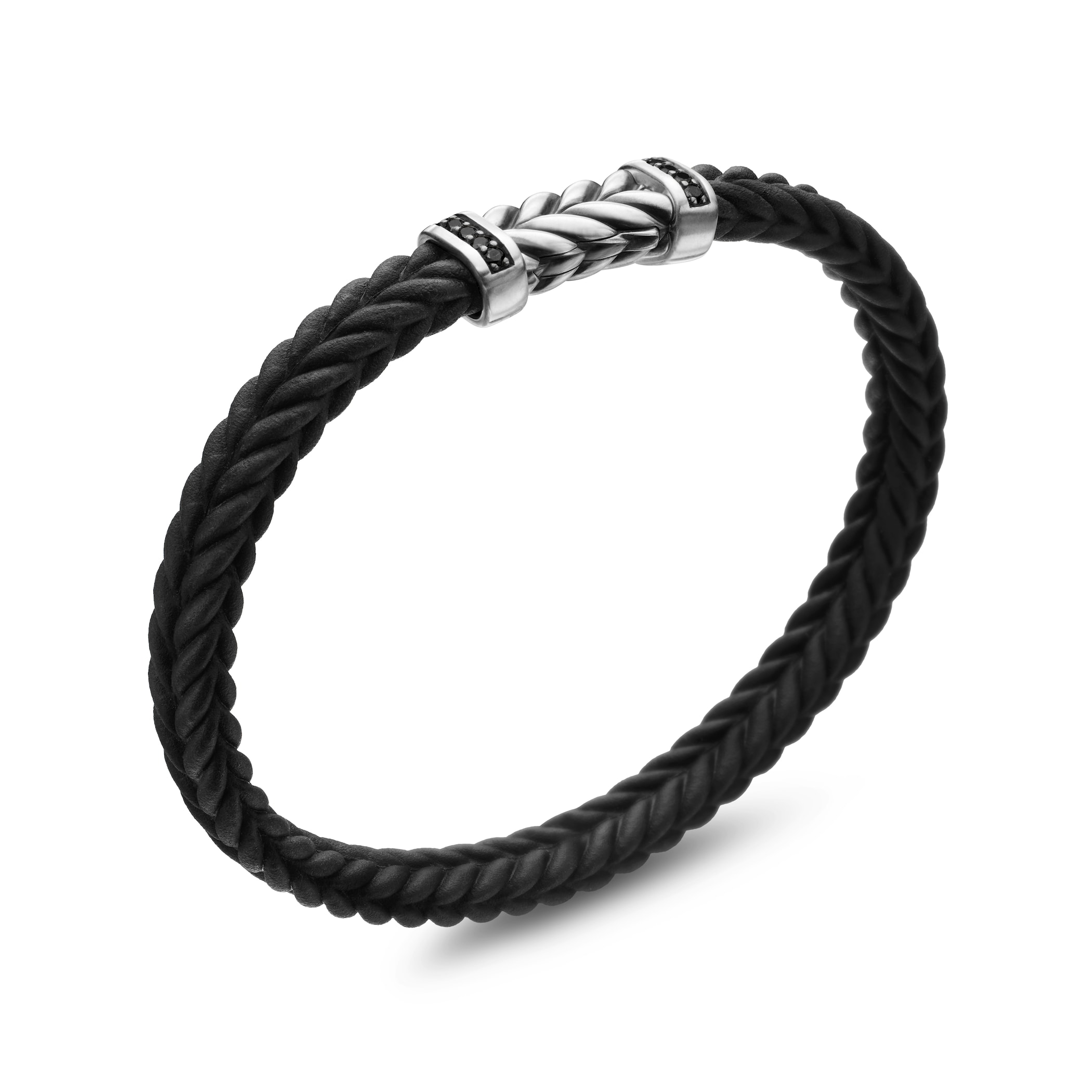 David Yurman Chevron Bracelet In Black Rubber with Black Diamonds and Sterling Silver, 6mm David Yurman Chevron Bracelet In Black Rubber with Black Diamonds and Sterling Silver, 6mm