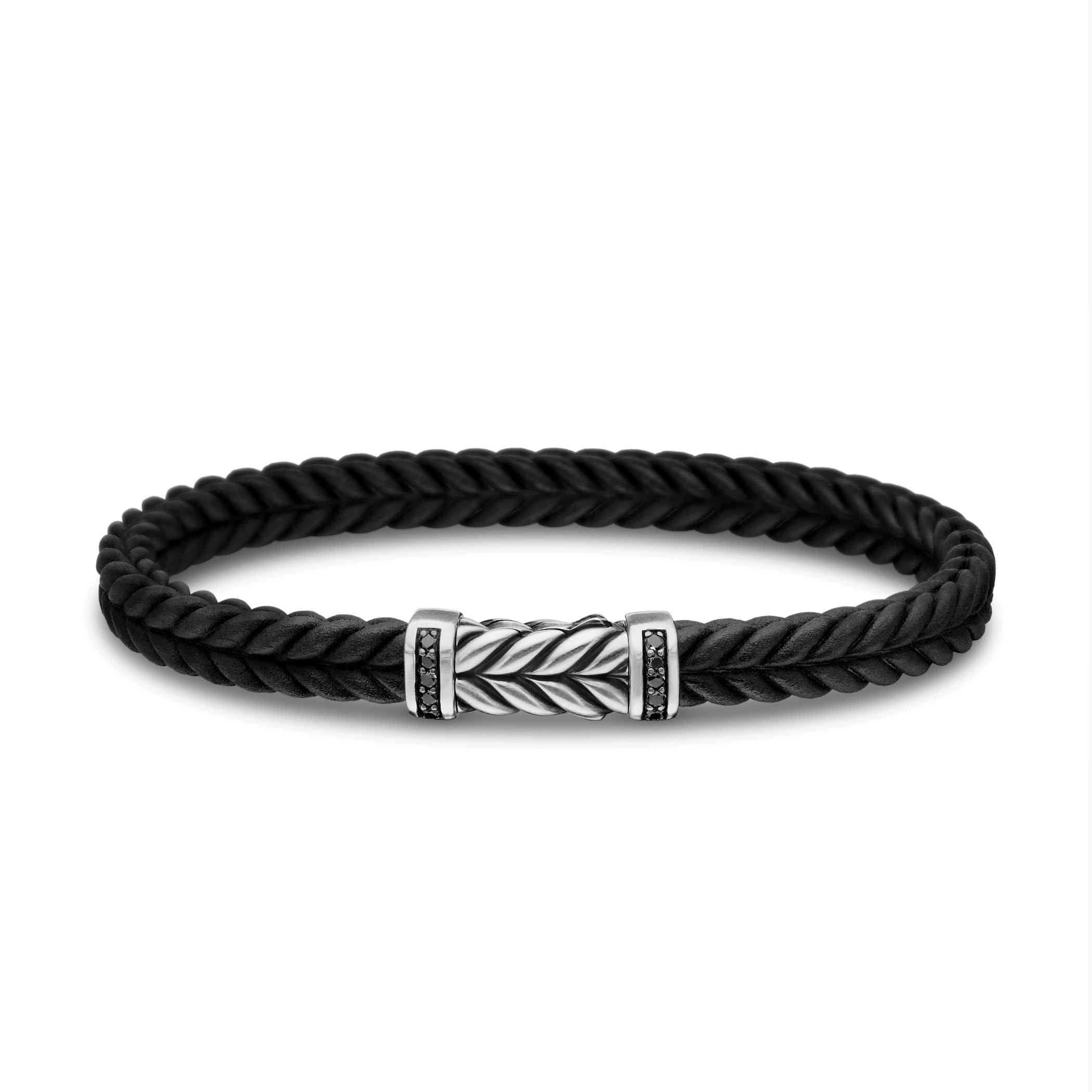 David Yurman Chevron Bracelet In Black Rubber with Black Diamonds and Sterling Silver, 6mm David Yurman Chevron Bracelet In Black Rubber with Black Diamonds and Sterling Silver, 6mm