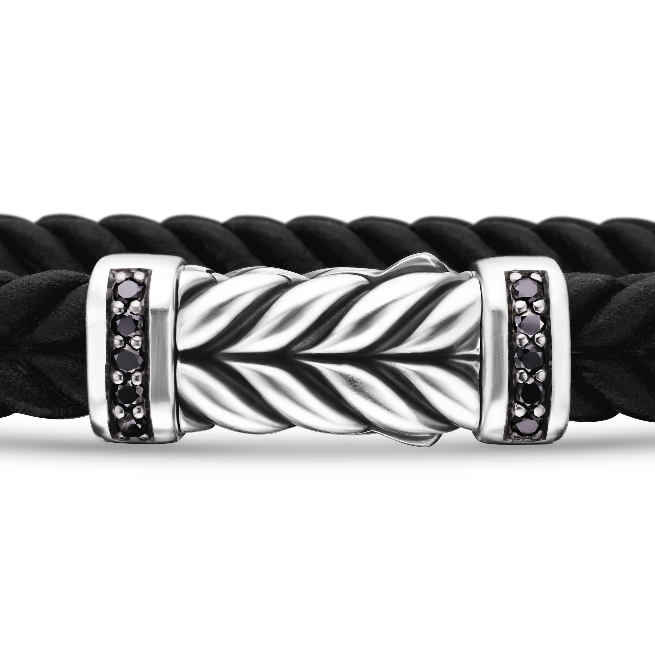 David Yurman Chevron Bracelet In Black Rubber with Black Diamonds and Sterling Silver, 6mm David Yurman Chevron Bracelet In Black Rubber with Black Diamonds and Sterling Silver, 6mm