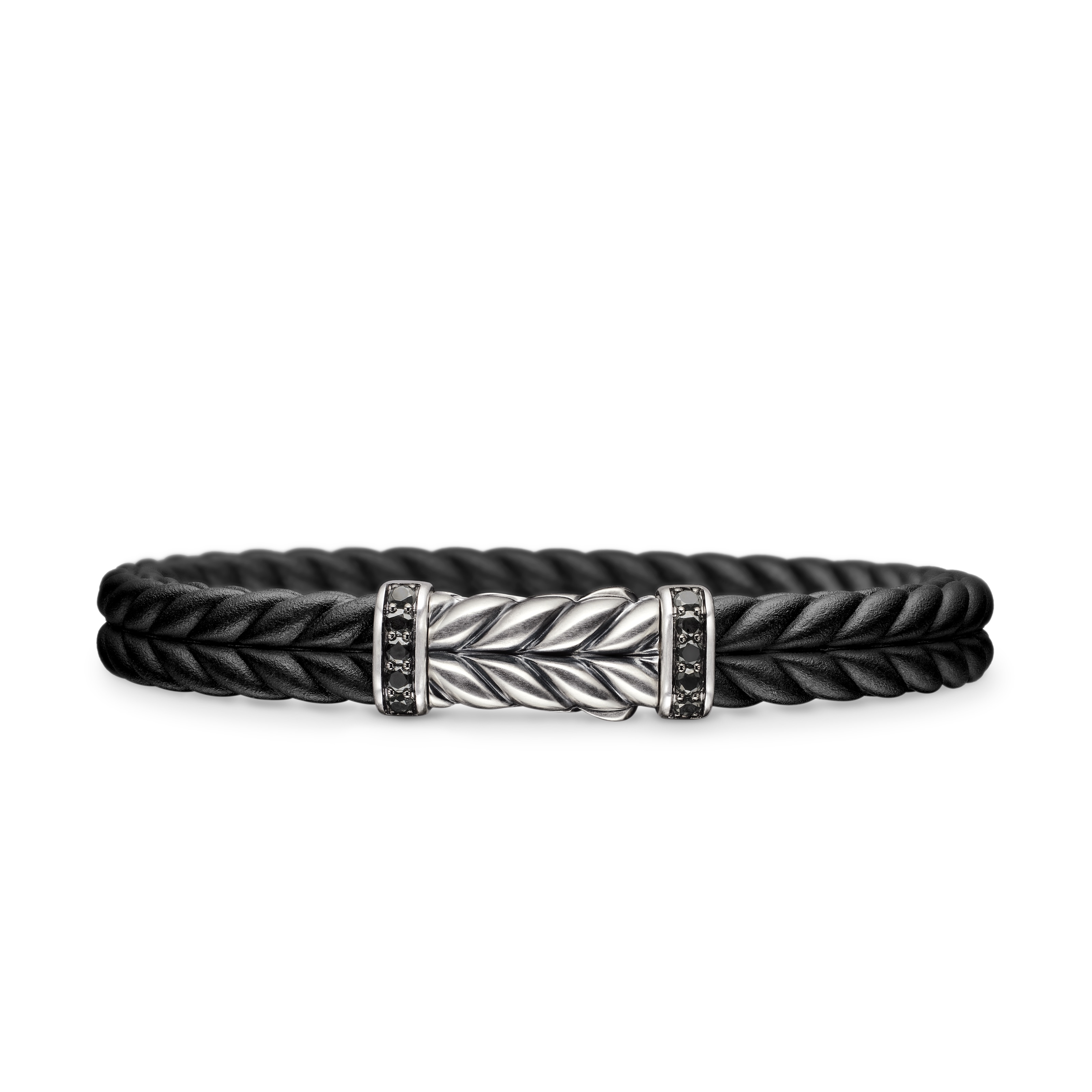 Chevron Bracelet in Black Rubber with Black Diamonds and Sterling Silver, 9mm - Size Large