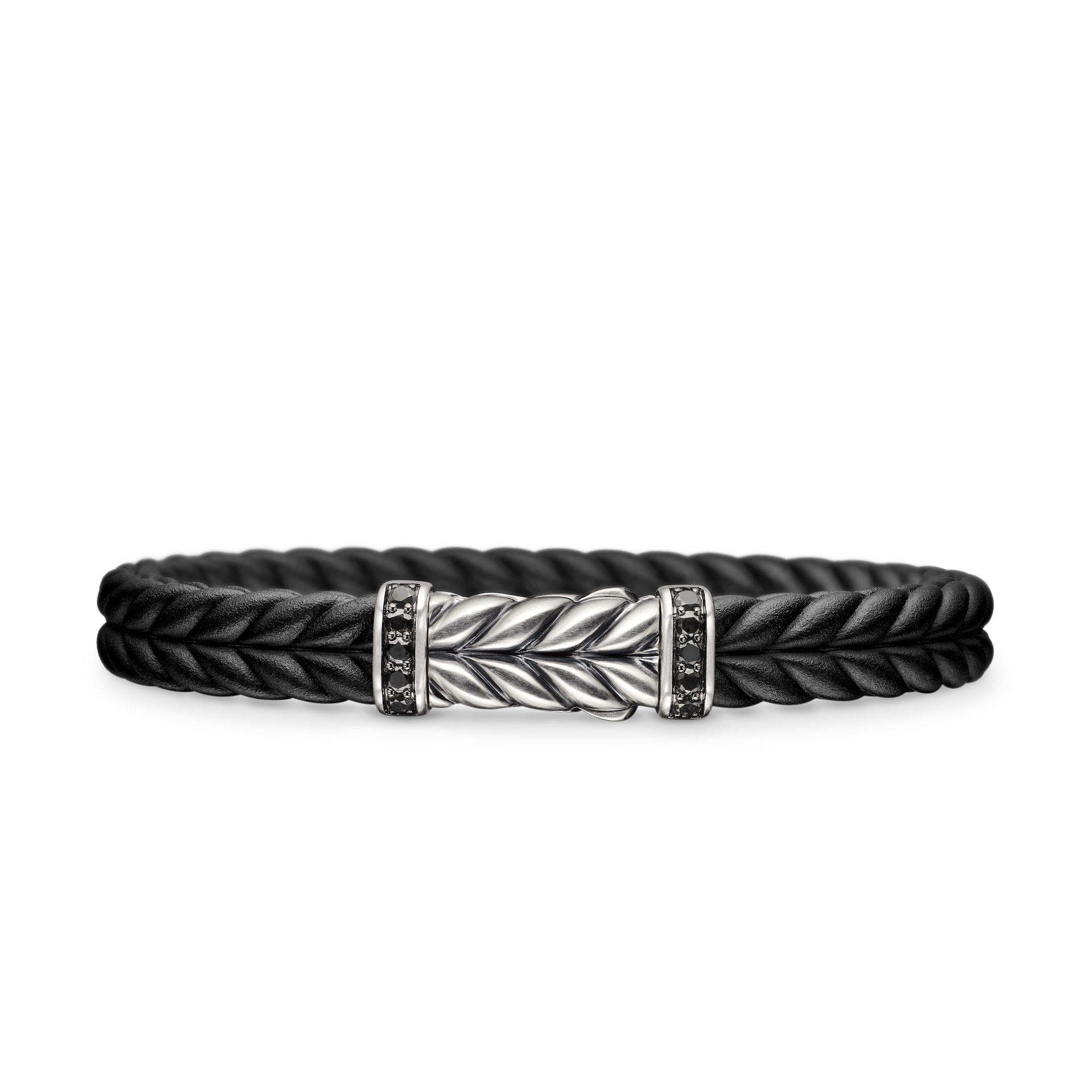 David Yurman Chevron Bracelet  in Black Rubber with Black Diamonds and Sterling Silver, 9mm