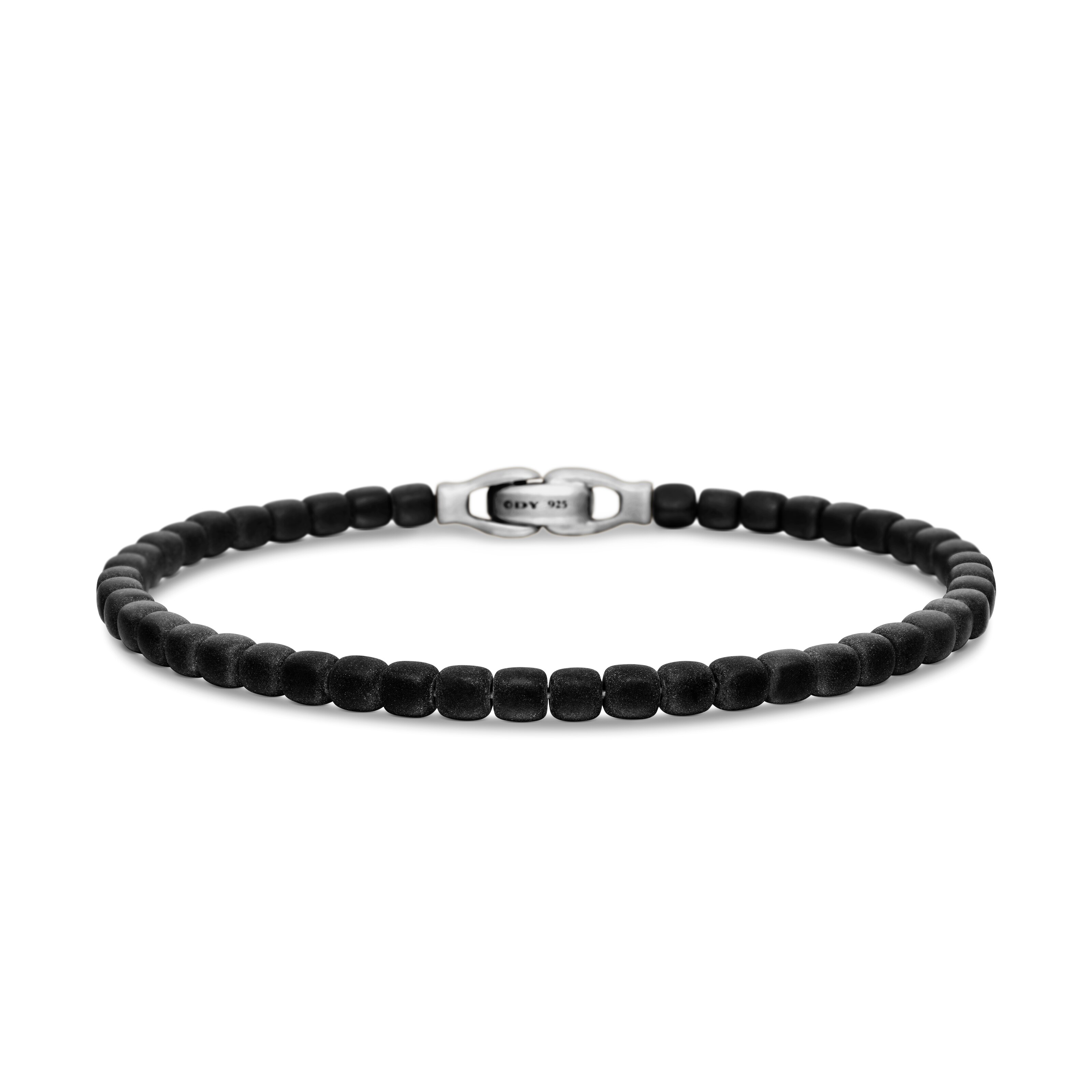 Spiritual Beads Cushion Bracelet in Sterling Silver with Black Onyx ,4mm - Size Large