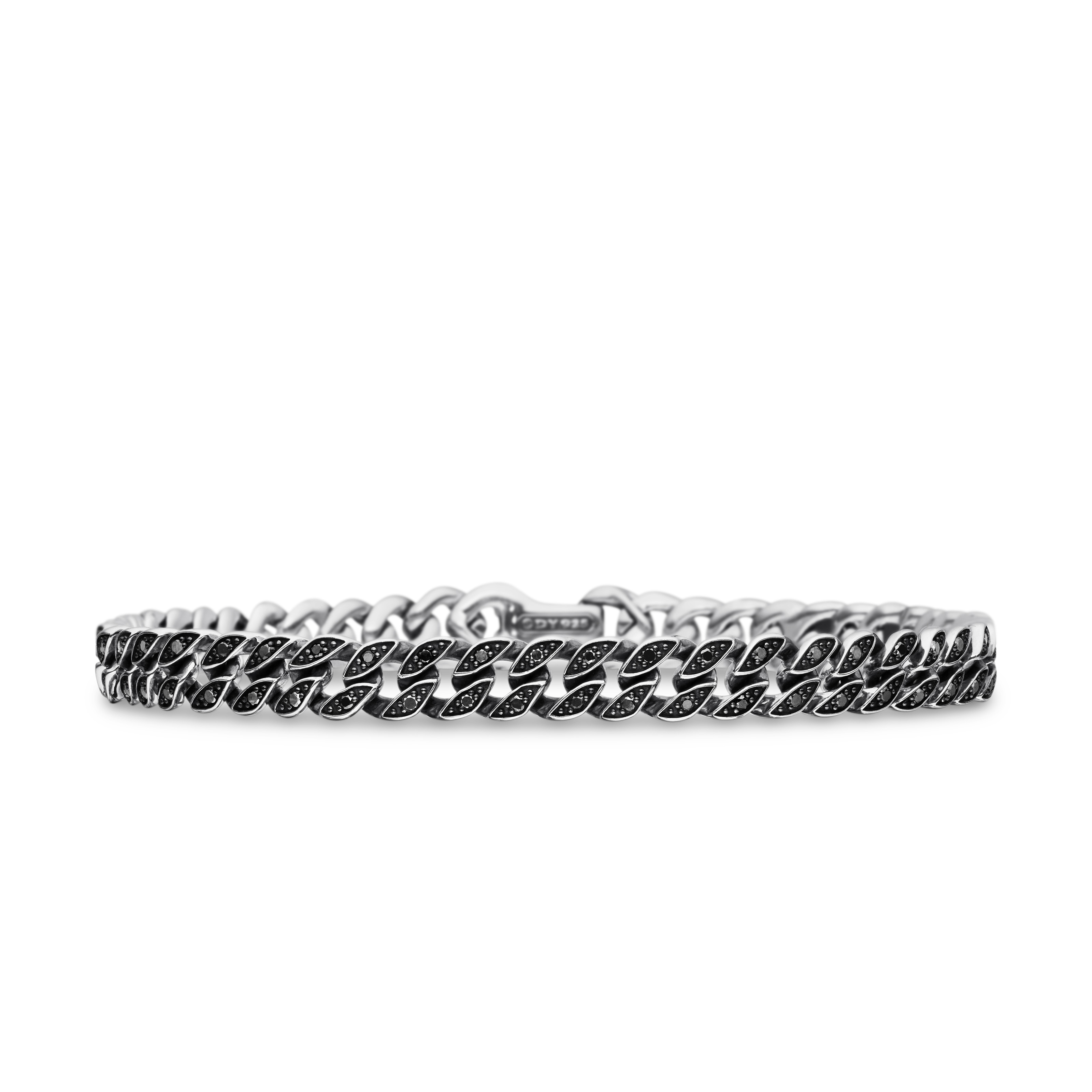 Curb Chain Bracelet in Sterling Silver with Black Diamonds, 6mm - Size Medium