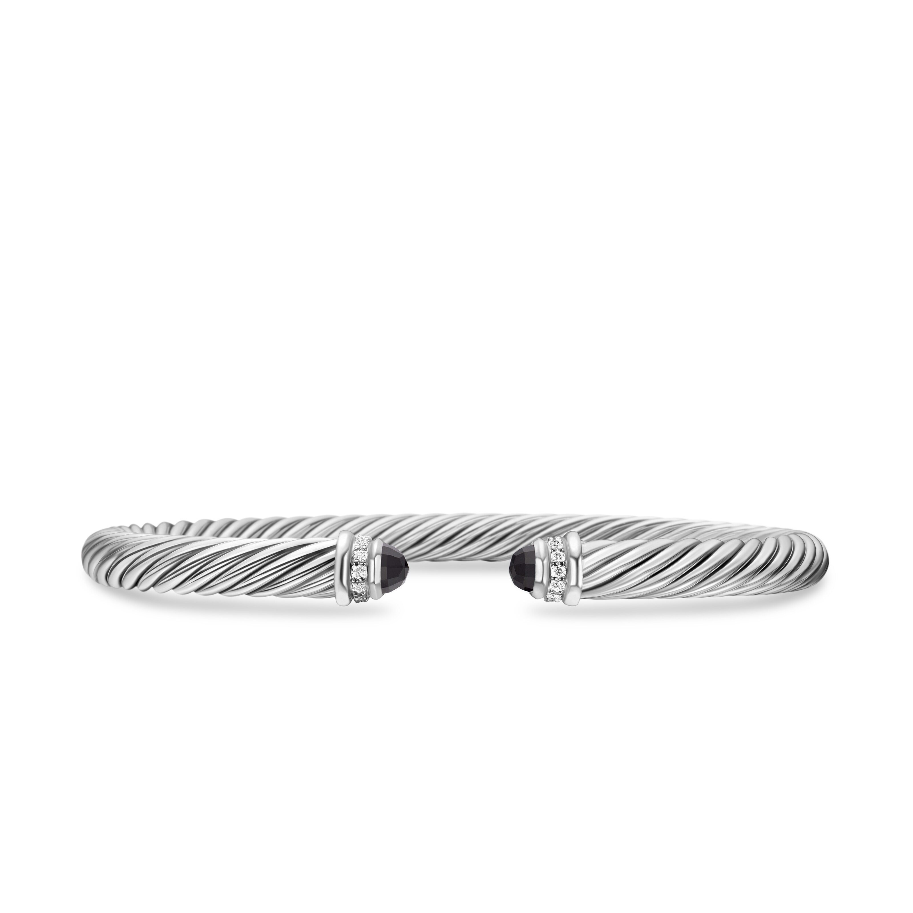 Classic Cable Bracelet in Sterling Silver with Black Onyx and Diamonds, 5mm - Size Medium