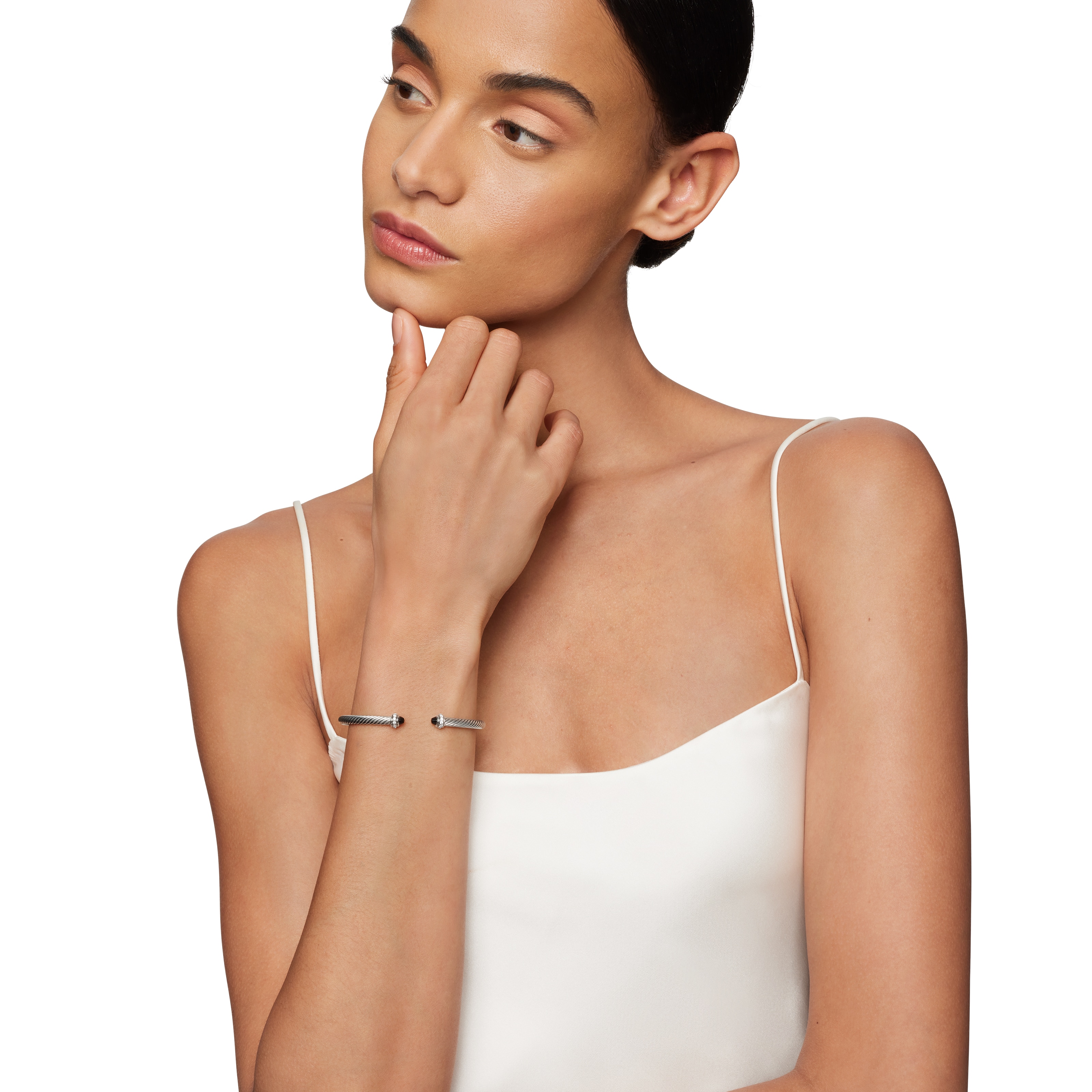 David Yurman Classic Cable Bracelet in Sterling Silver with Black Onyx and Diamonds, 4mm - Size Medium