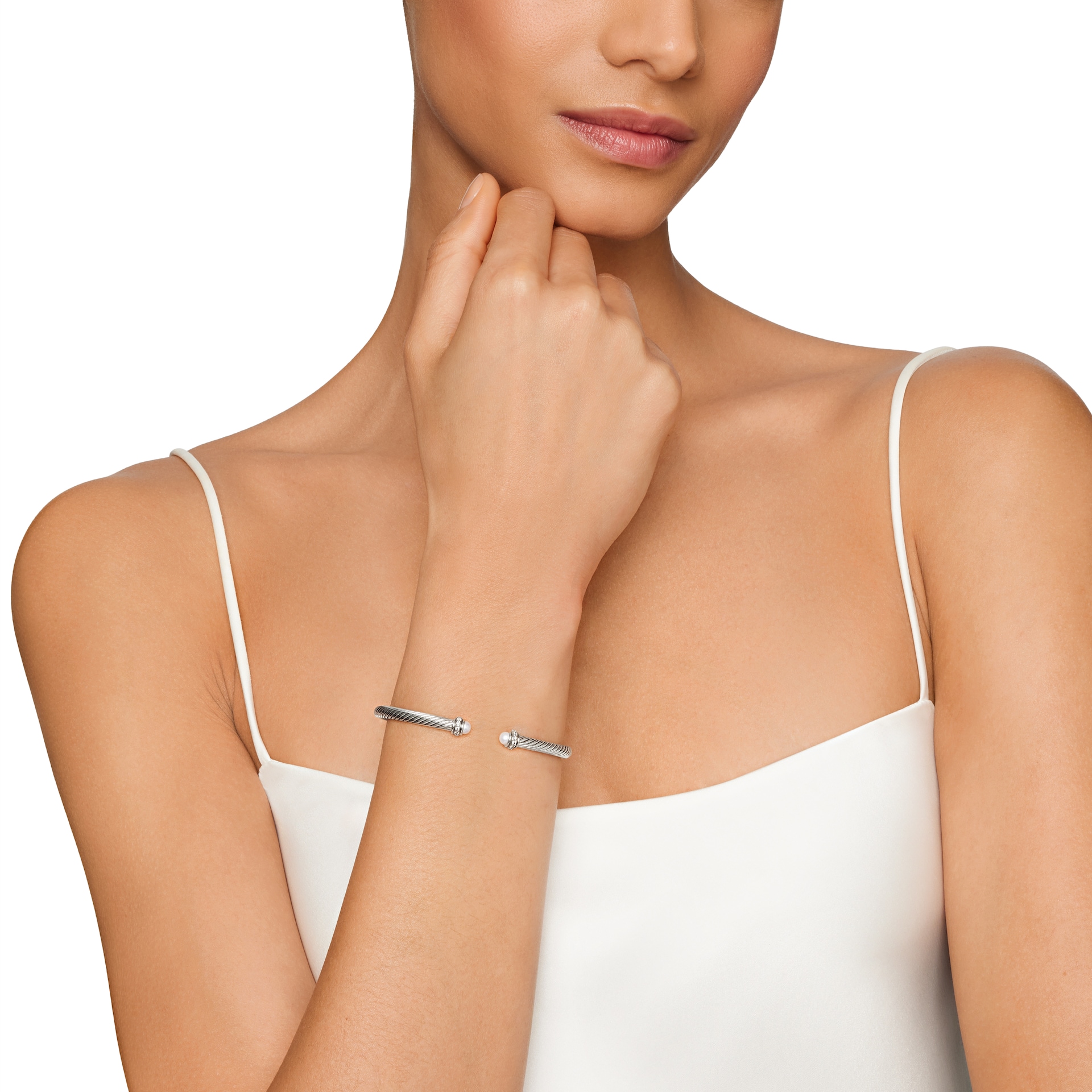 David Yurman Classic Cable Bracelet in Sterling Silver with Pearls and Diamonds, 4mm