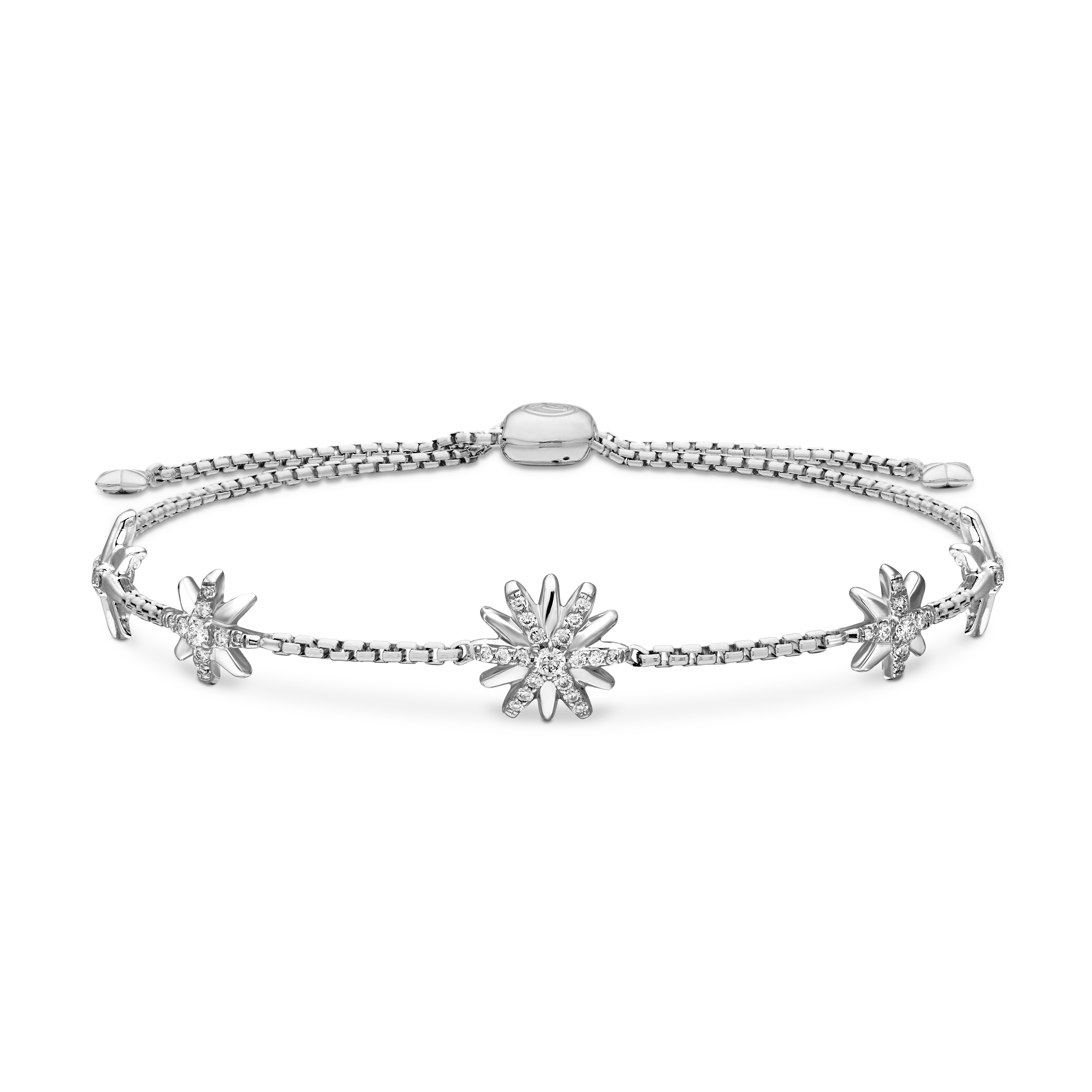 Petite Starburst Station Chain Bracelet In Sterling Silver With Diamonds, 1.5mm - Size Medium