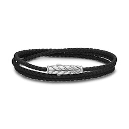 37360314 - Chevron Triple Wrap Bracelet in Black Leather and Sterling Silver, 3mm