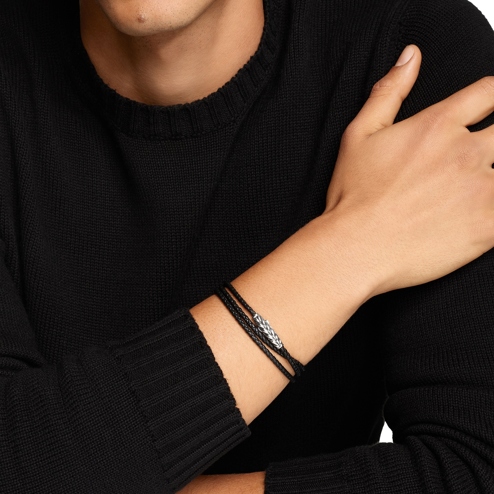 David Yurman Chevron Triple Wrap Bracelet in Black Leather and Sterling Silver, 3mm