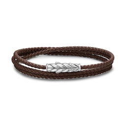 37360315420 - Chevron Triple Wrap Bracelet in Brown Leather and Sterling Silver, 3mm - Size Medium