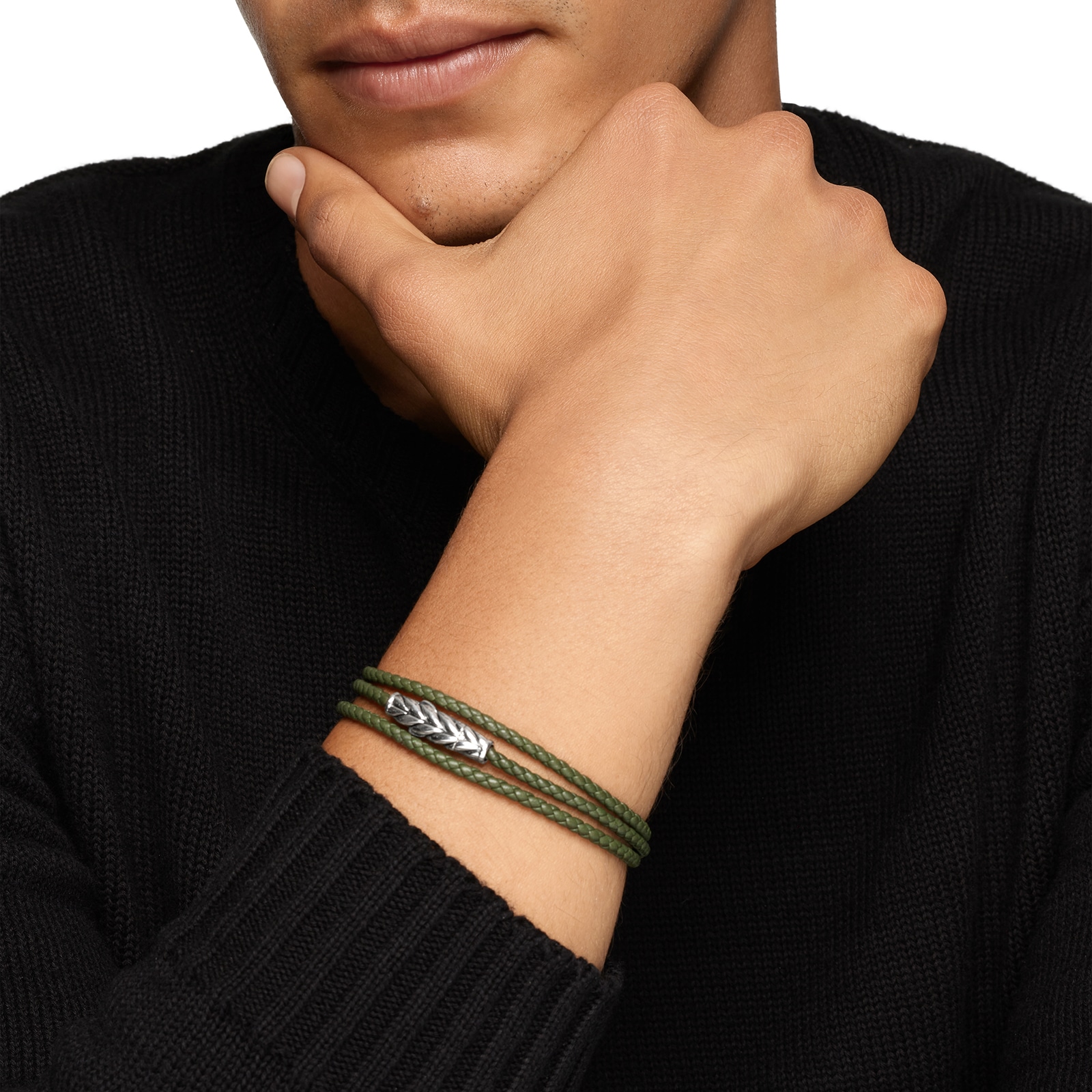 David Yurman Chevron Triple Wrap Bracelet In Green Leather With Sterling Silver, 3mm