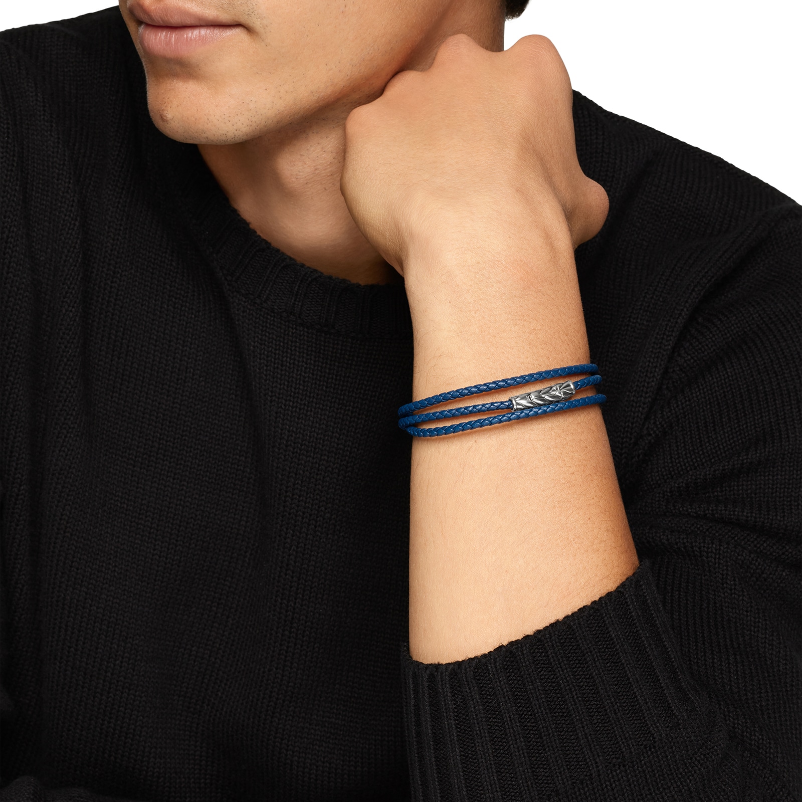 David Yurman Chevron Triple Wrap Bracelet In Blue Leather With Sterling Silver, 3mm David Yurman Chevron Triple Wrap Bracelet In Blue Leather With Sterling Silver, 3mm