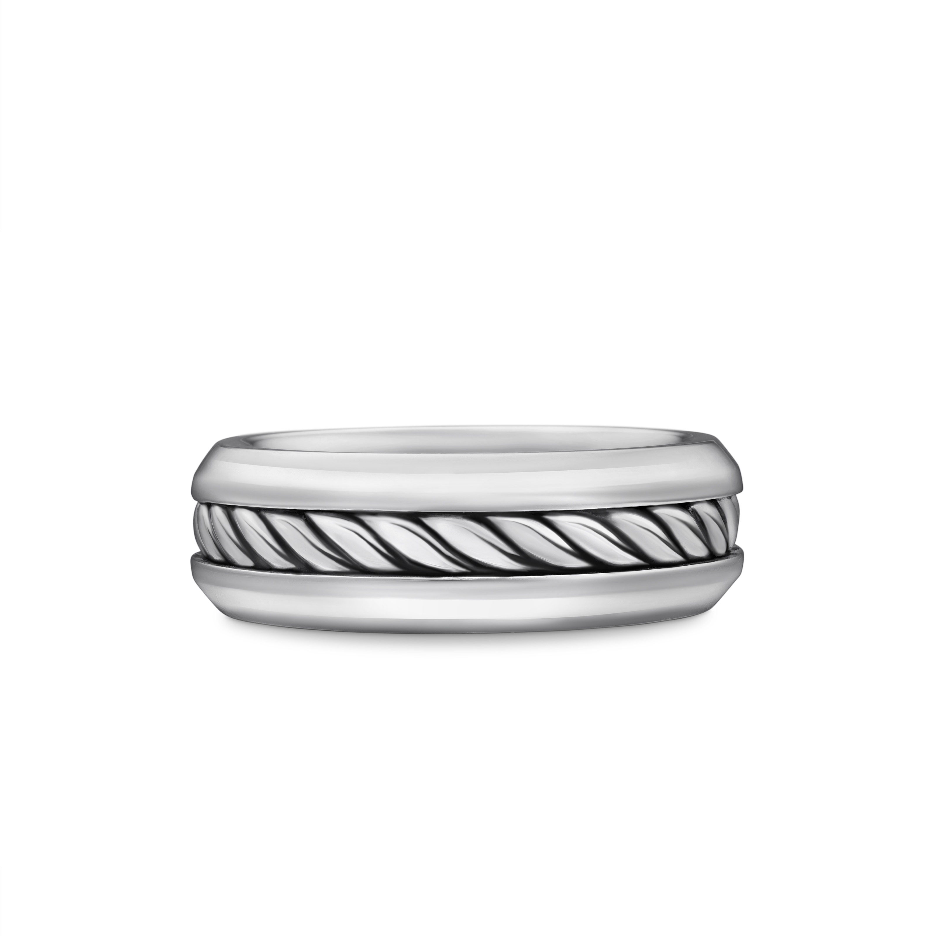 Cable Inset Band Ring in Sterling Silver, 8mm - Ring Size T.5