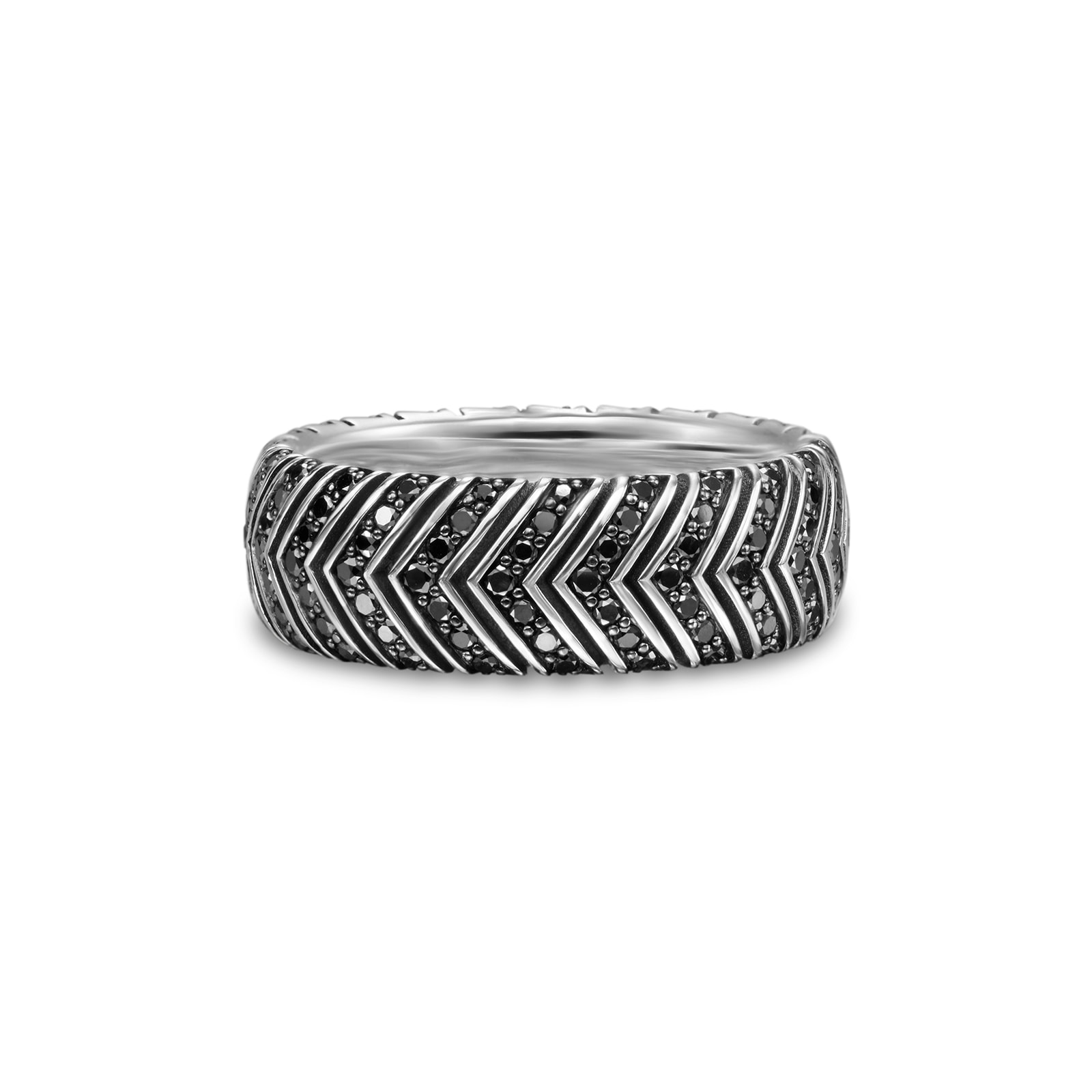 Chevron Band Ring In Sterling Silver With Black Diamonds, 8mm - Ring Size T