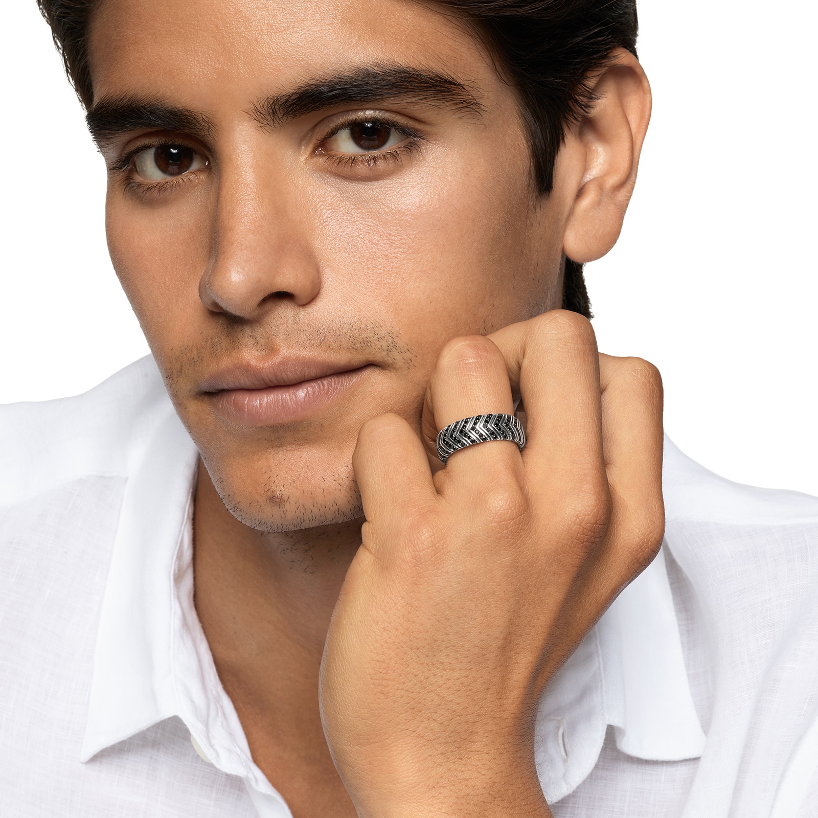 David Yurman Chevron Band Ring In Sterling Silver With Black Diamonds, 8mm David Yurman Chevron Band Ring In Sterling Silver With Black Diamonds, 8mm