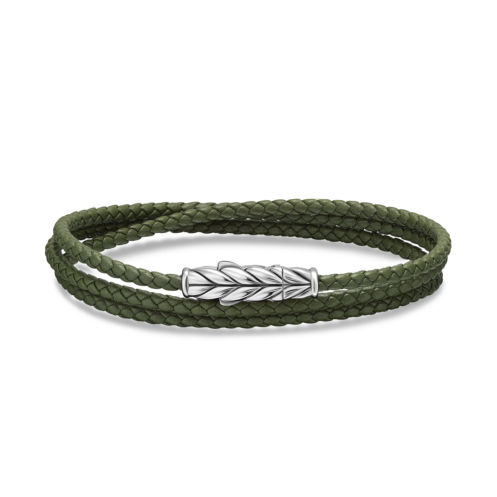 David Yurman Chevron Triple Wrap Bracelet In Green Leather With Sterling Silver, 3mm - Size Medium