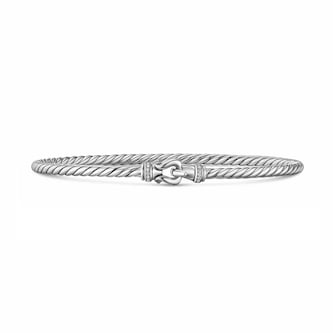 David Yurman Micro Cable Flex Buckle Bracelet In Sterling Silver With Diamonds, 2.6mm - Size Medium