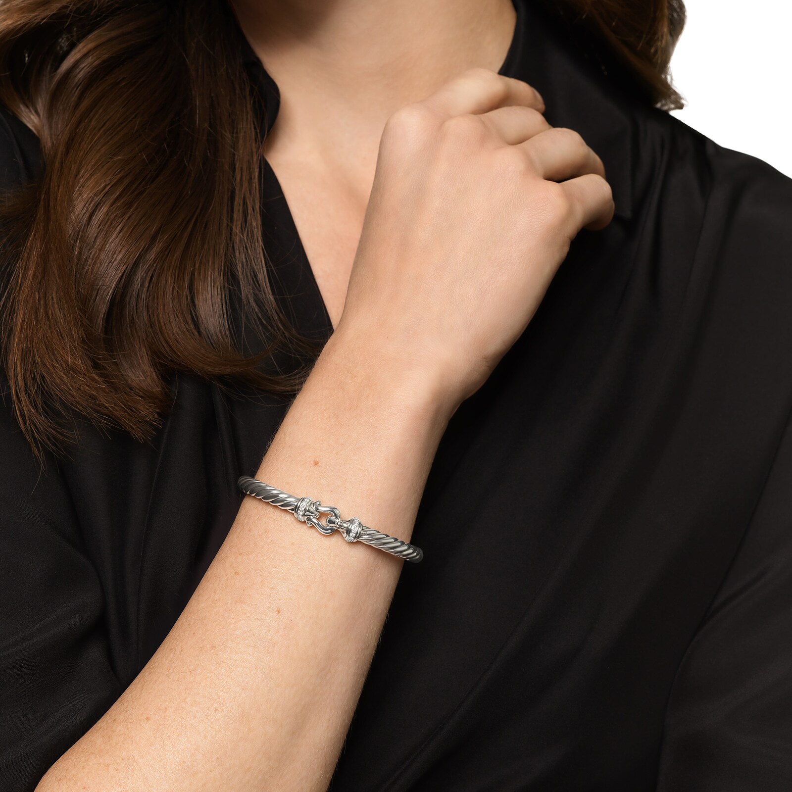 David Yurman Cable Flex Buckle Bracelet In Sterling Silver With Diamonds, 6mm - Size Small