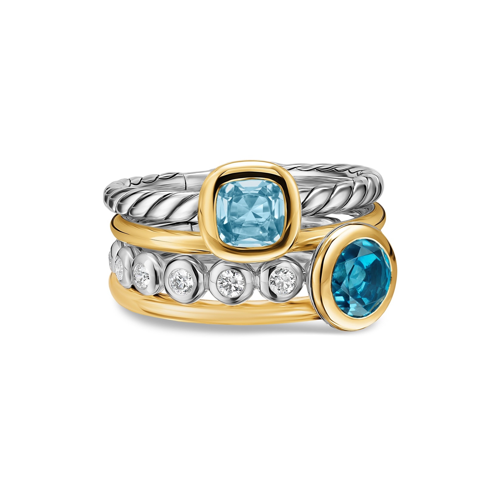 David Yurman DY Mercer® Multi Row 2 Stone Ring In Sterling Silver With 18ct Yellow Gold, Diamond And Blue Topaz, 10mm