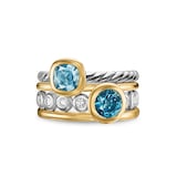 David Yurman DY Mercer® Multi Row 2 Stone Ring In Sterling Silver With 18ct Yellow Gold, Diamond And Blue Topaz, 10mm - Ring Size J