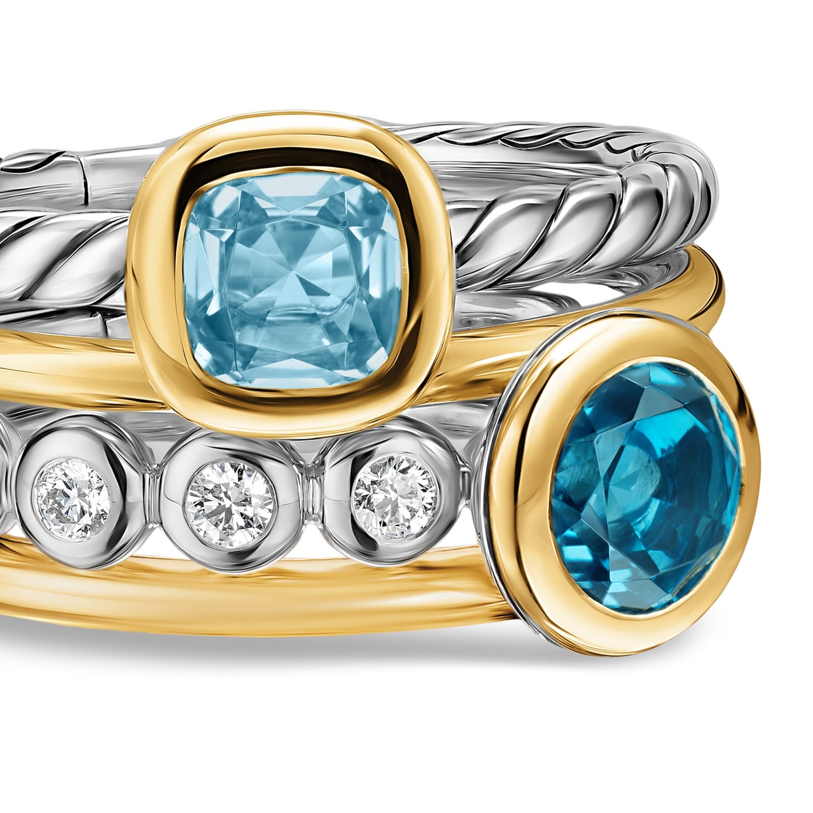 David Yurman DY Mercer® Multi Row 2 Stone Ring In Sterling Silver With 18ct Yellow Gold, Diamond And Blue Topaz, 10mm David Yurman DY Mercer® Multi Row 2 Stone Ring In Sterling Silver With 18ct Yellow Gold, Diamond And Blue Topaz, 10mm