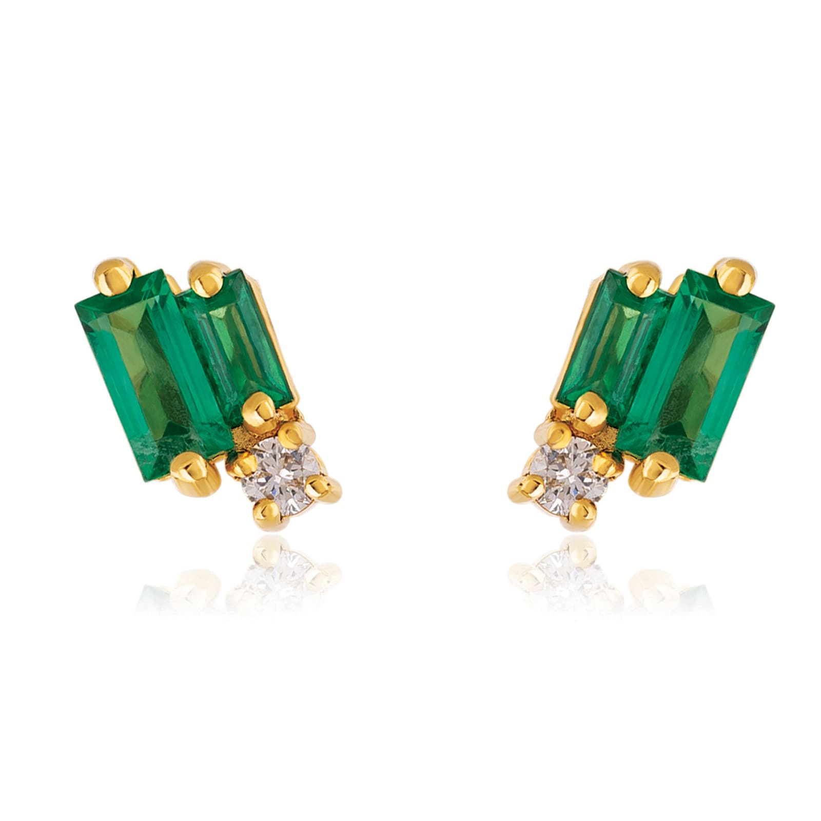 18ct Yellow Gold Layered Emerald & 0.04cttw Diamond Stud Earrings