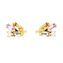 37370176 - 18ct Yellow Gold Mini Cluster Pastel Mix & 0.04cttw Diamond Stud Earrings