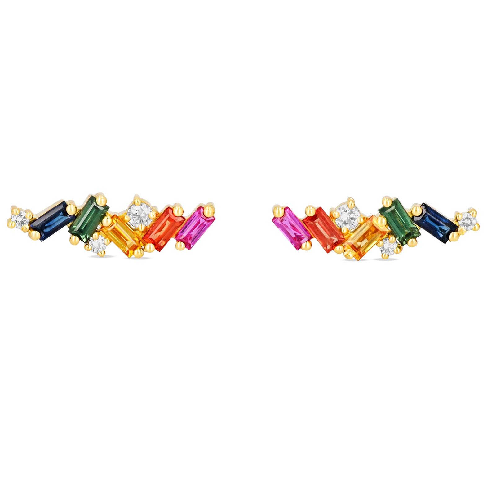 Suzanne Kalan 18ct Yellow Gold Rainbow Sapphire & 0.10cttw Diamond Zigzag Stud Earrings