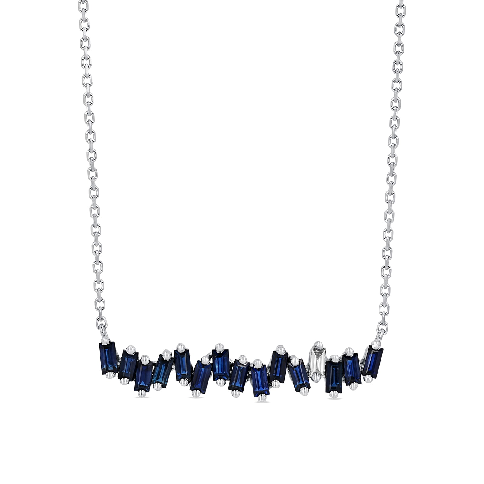 Suzanne Kalan 18ct White Gold Dark Blue Sapphire & 0.06cttw Diamond Baguette Bar Necklace Suzanne Kalan 18ct White Gold Dark Blue Sapphire & 0.06cttw Diamond Baguette Bar Necklace