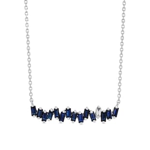 Suzanne Kalan 18ct White Gold Dark Blue Sapphire & 0.06cttw Diamond Baguette Bar Necklace