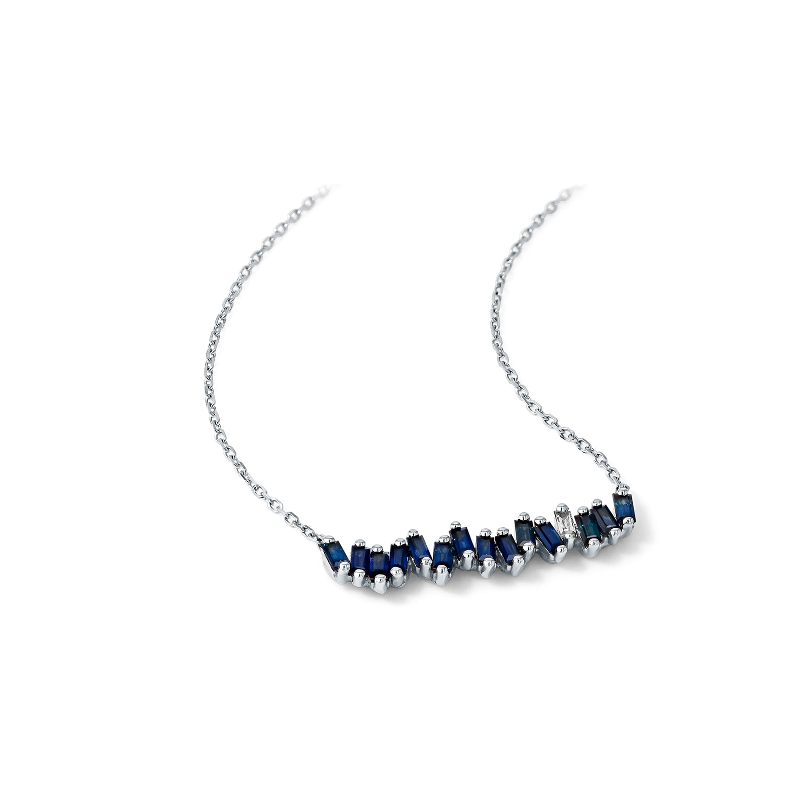 Suzanne Kalan 18ct White Gold Dark Blue Sapphire & 0.06cttw Diamond Baguette Bar Necklace